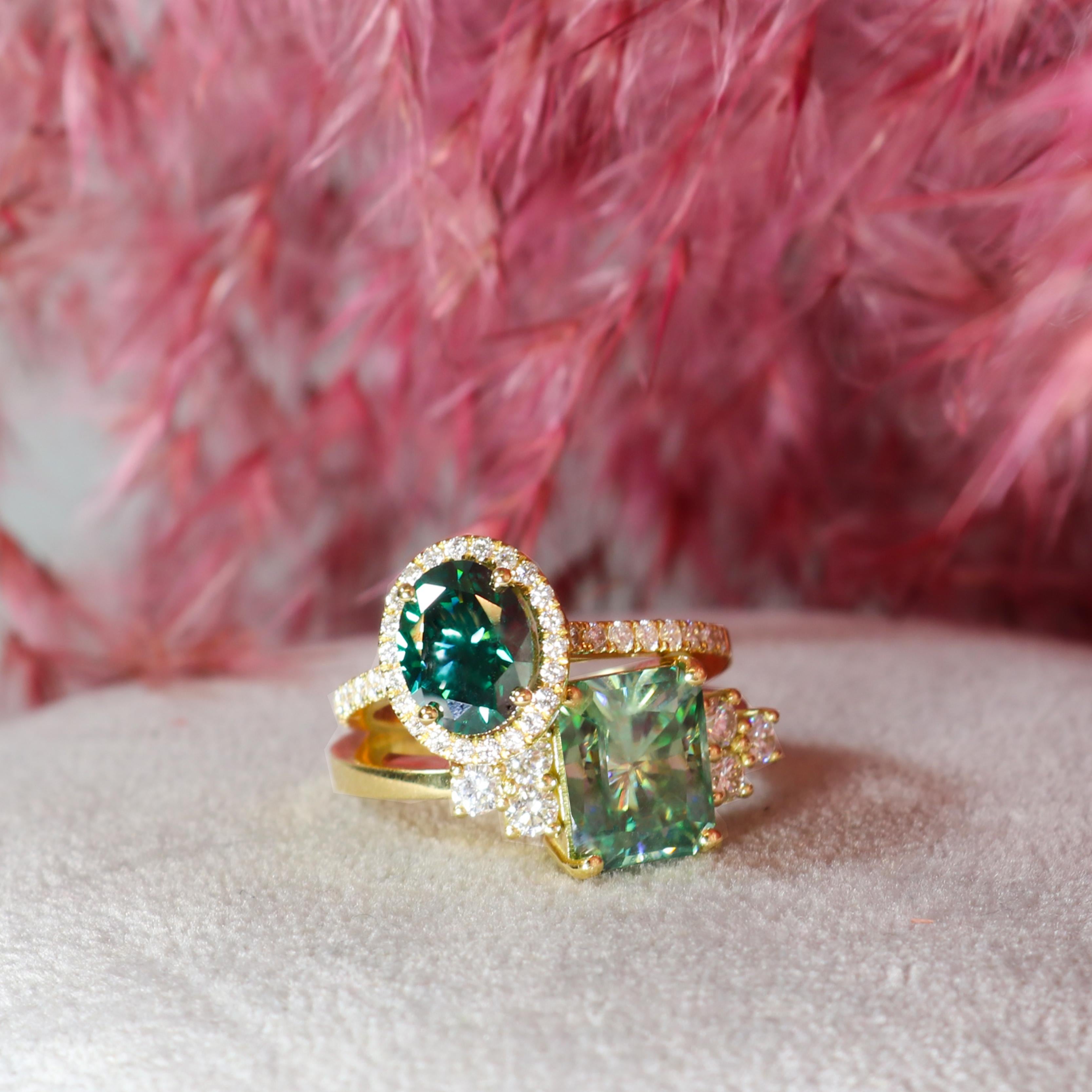 De las mujeres Georgios Collections Anillo de oro amarillo de 18 quilates con moissanita verde y diamantes en venta