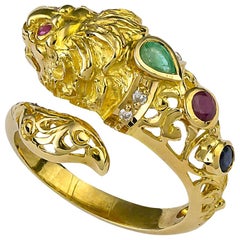 Georgios Collections 18 Karat Yellow Gold Lion Head Diamond Multi-Color Ring