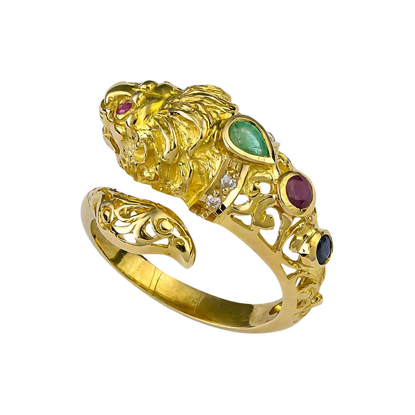 Georgios Collections 18 Karat Yellow Gold Lion Head Diamond Multi-Color Ring In New Condition In Astoria, NY