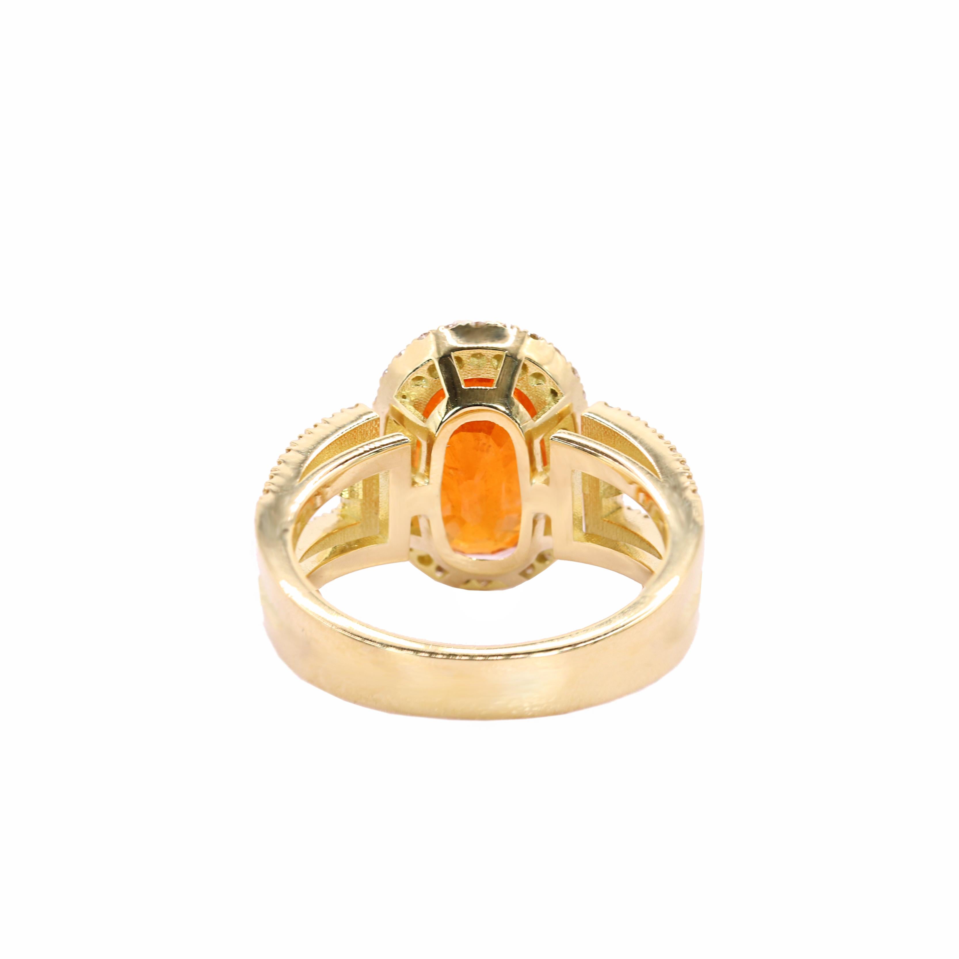 Oval Cut Georgios Collections 18 Karat Yellow Gold Mandarin Garnet Ring with Diamonds For Sale