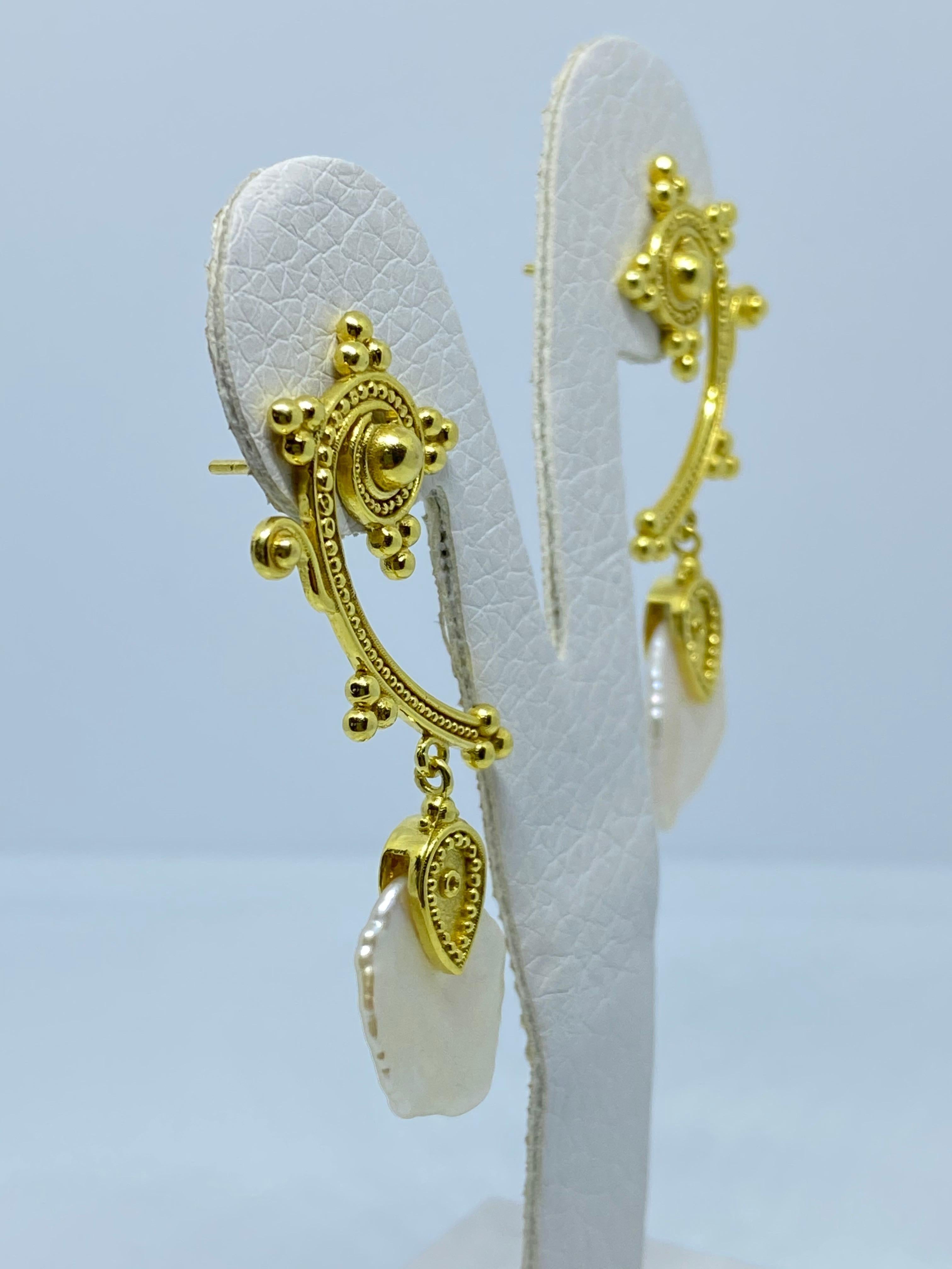 Byzantine Georgios Collections 18 Karat Yellow Gold Mother of Pearl Drop Long Earrings For Sale