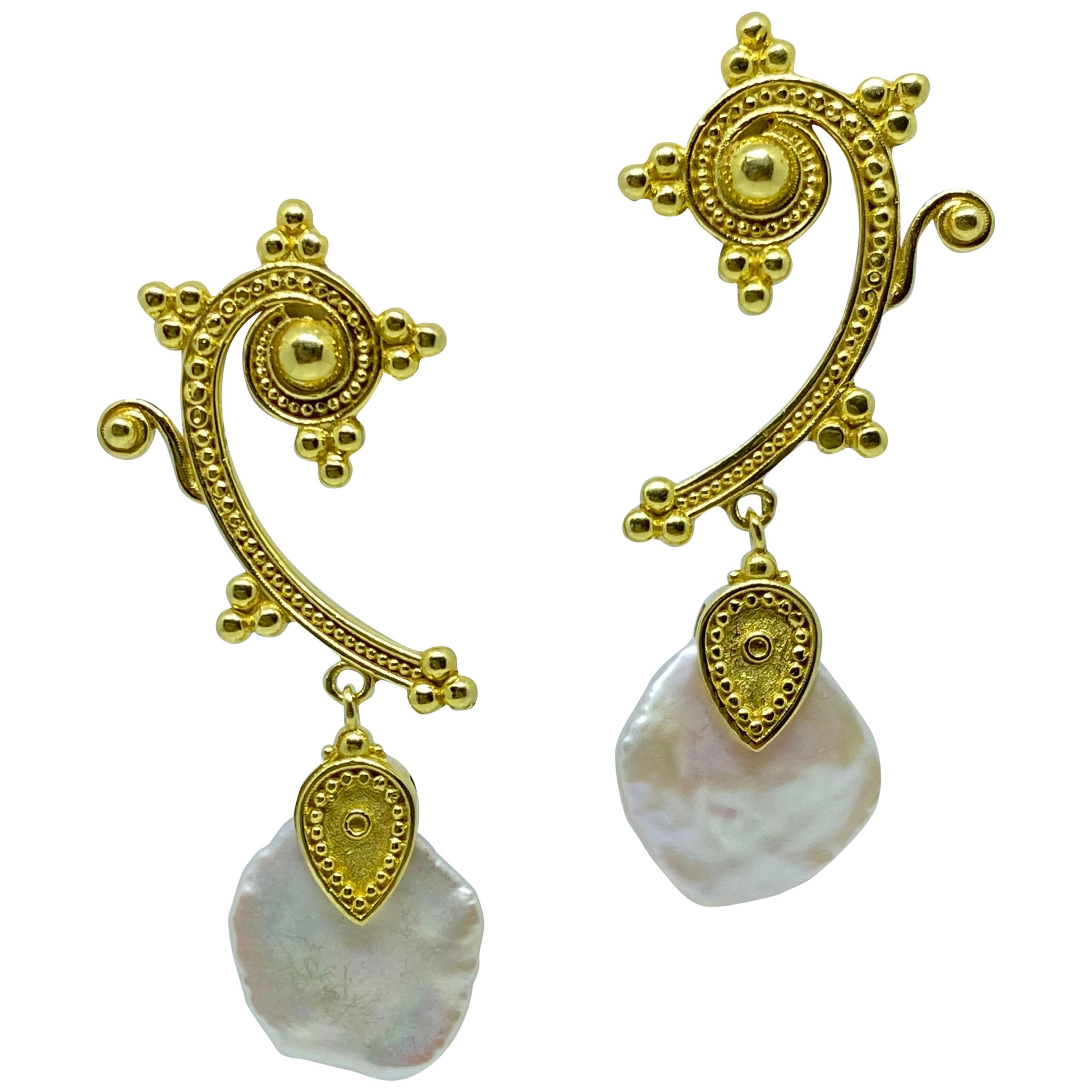 Georgios Collections 18 Karat Yellow Gold Mother of Pearl Drop Long Earrings For Sale