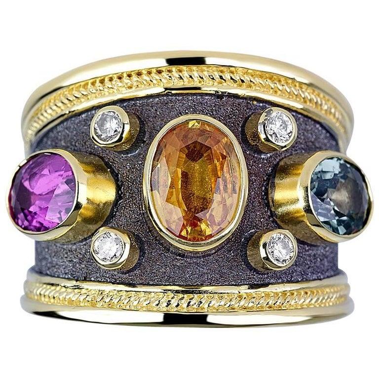 Georgios Collections 18 Karat Yellow Gold Multi-Color Diamond Sapphire Band Ring For Sale 4