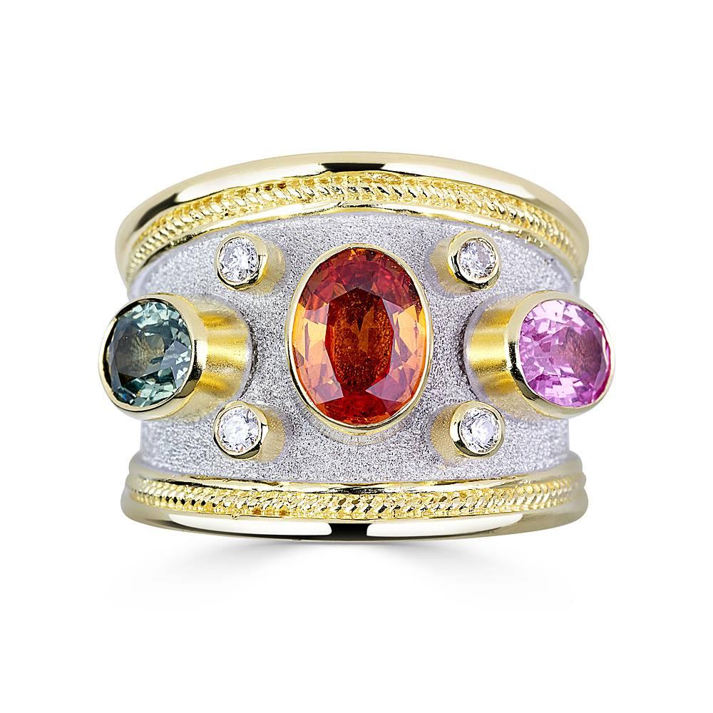 Georgios Collections 18 Karat Yellow Gold Multi-Color Diamond Sapphire Band Ring For Sale 8