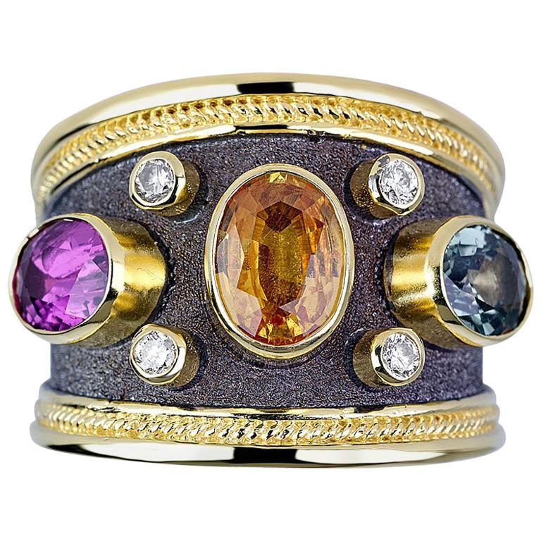 Georgios Collections 18 Karat Yellow Gold Multi-Color Diamond Sapphire Band Ring