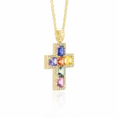 Georgios Collections 18 Karat Yellow Gold Multi Sapphire Cross with Diamonds