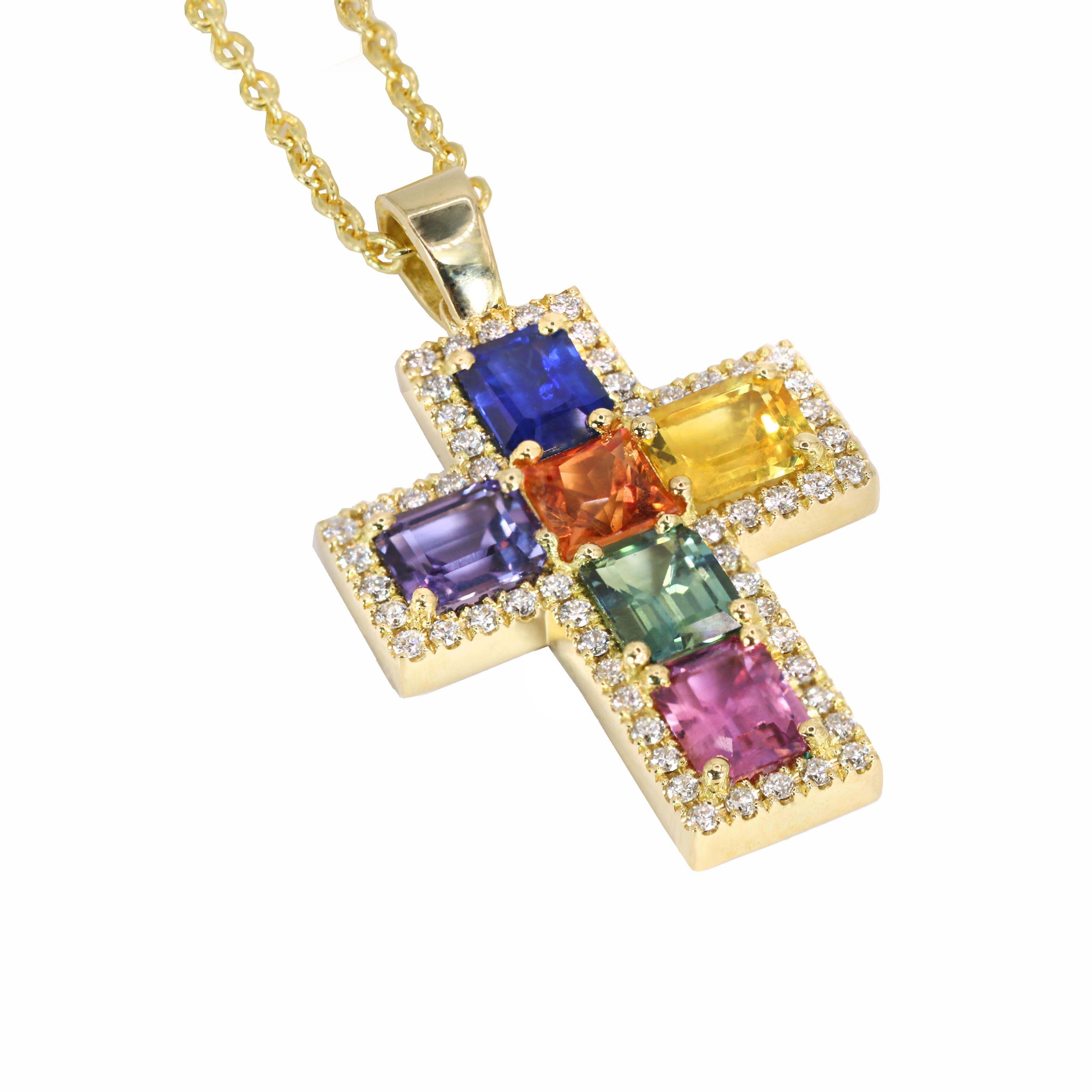 Georgios Collections Croix en or jaune 18 carats avec saphirs et diamants Neuf - En vente à Astoria, NY