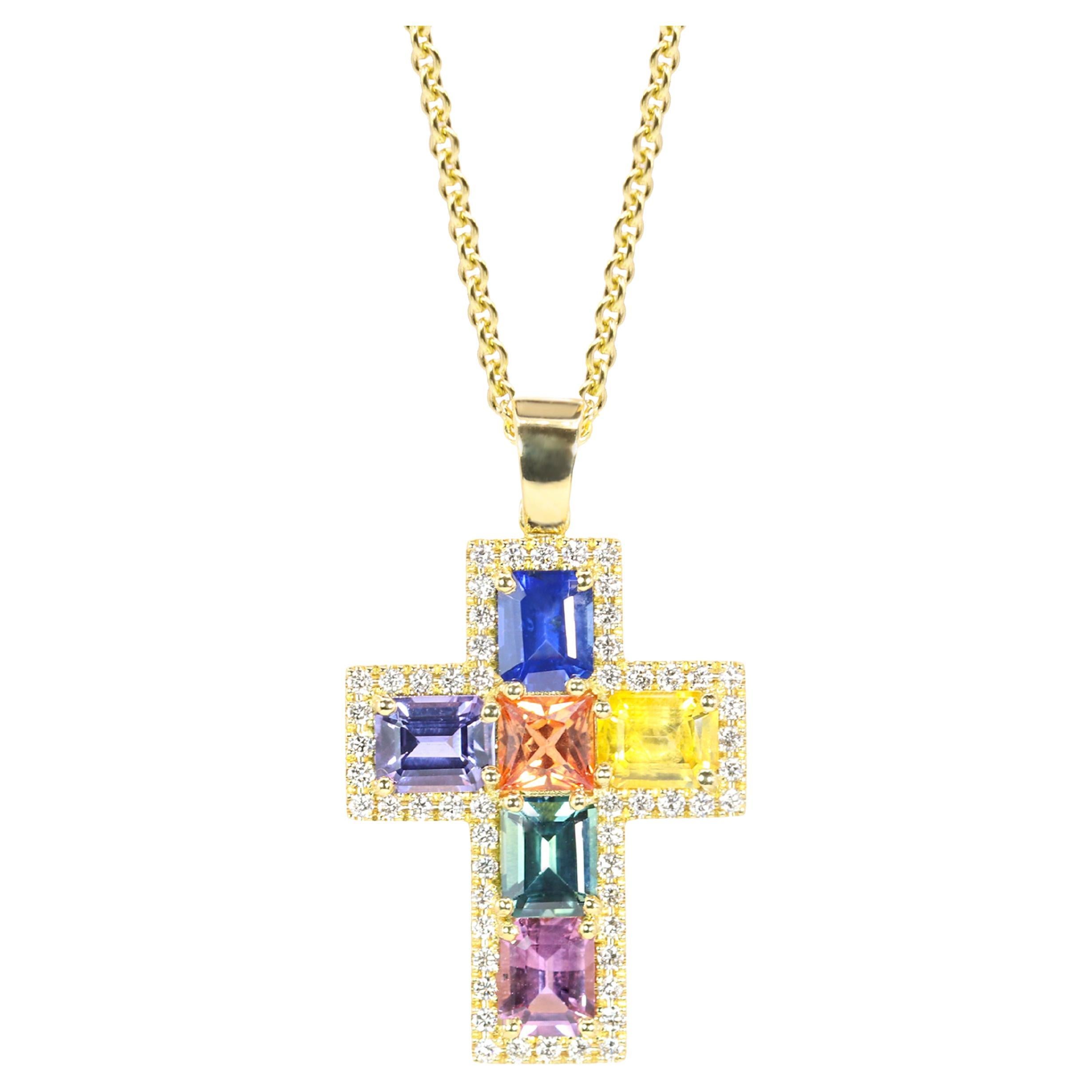 Georgios Collections 18 Karat Yellow Gold Multi Sapphire Cross with Diamonds