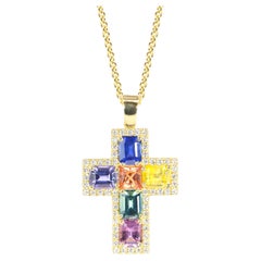 Georgios Collections 18 Karat Yellow Gold Multi Sapphire Cross with Diamonds