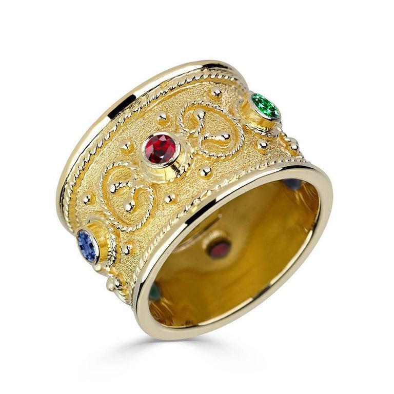 Georgios Collections 18 Karat Yellow Gold Multi-Color Granulated Wide Band Ring For Sale 4