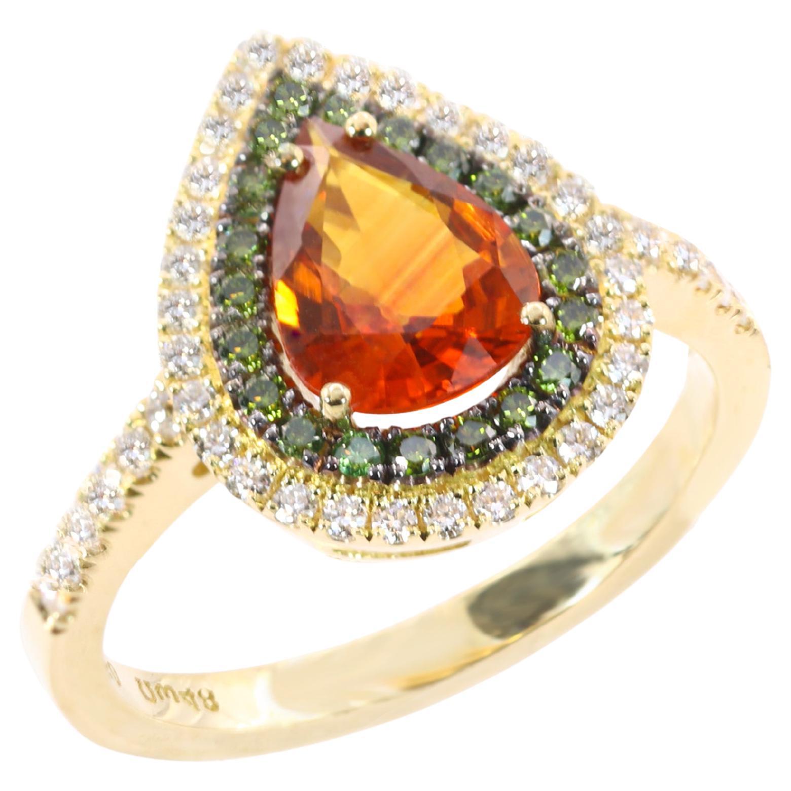 Georgios Collections 18 Karat Yellow Gold Orange Sapphire & Green Diamods Ring