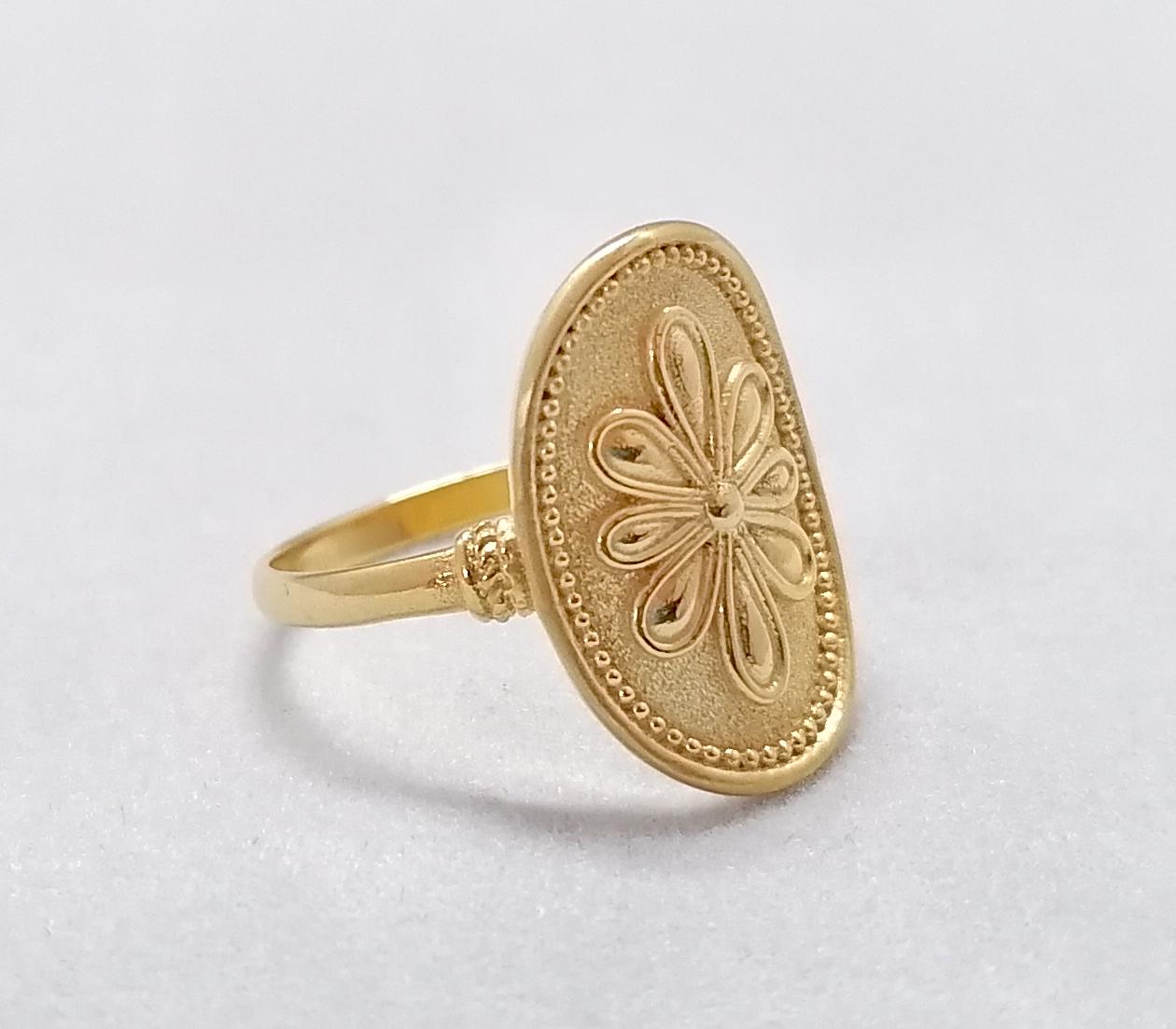 Georgios Collections 18 Karat Yellow Gold Oval Byzantine-Style Flower Band Ring For Sale 11