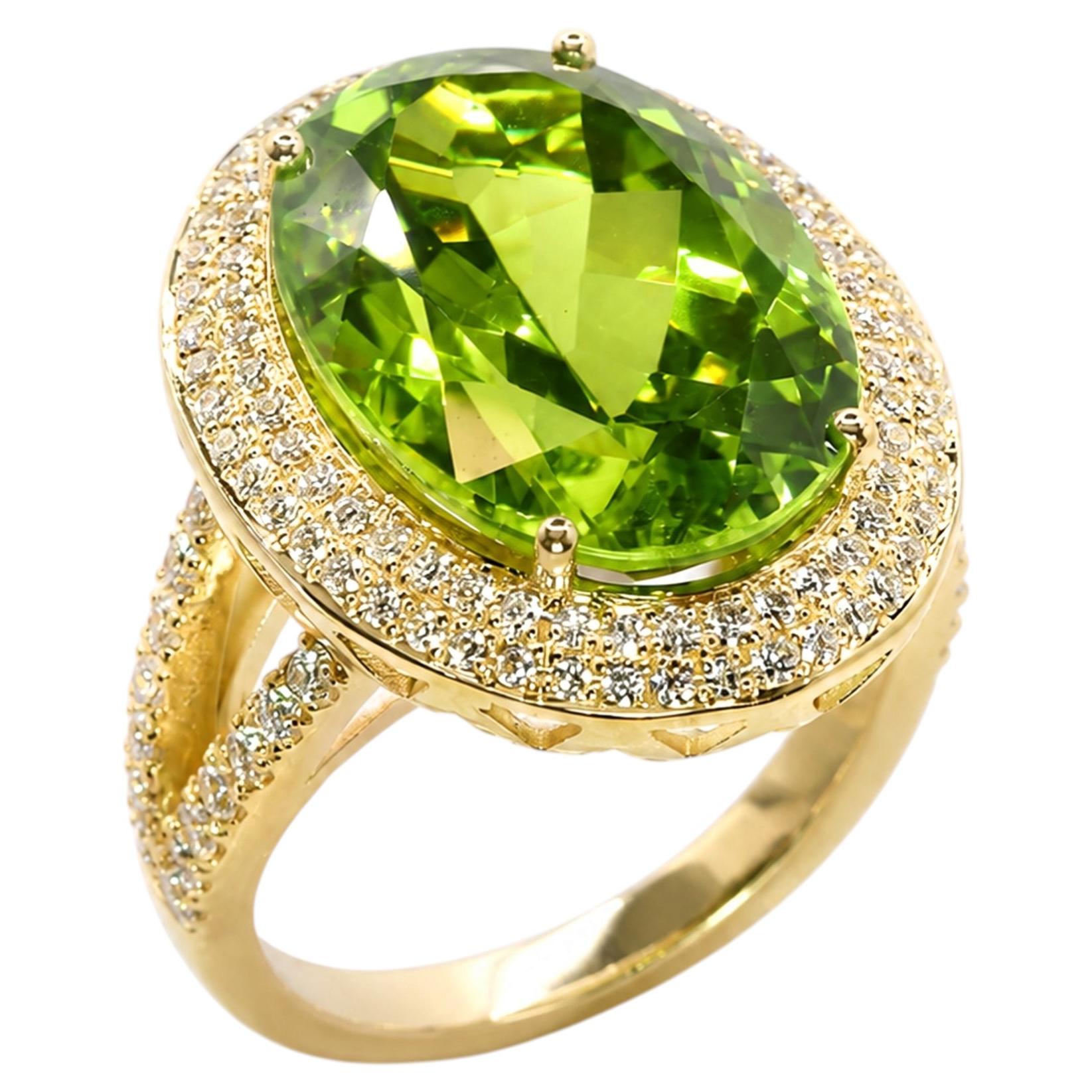 Georgios Collections 18 Karat Yellow Gold Oval Peridot Ring with Diamond Bezel For Sale