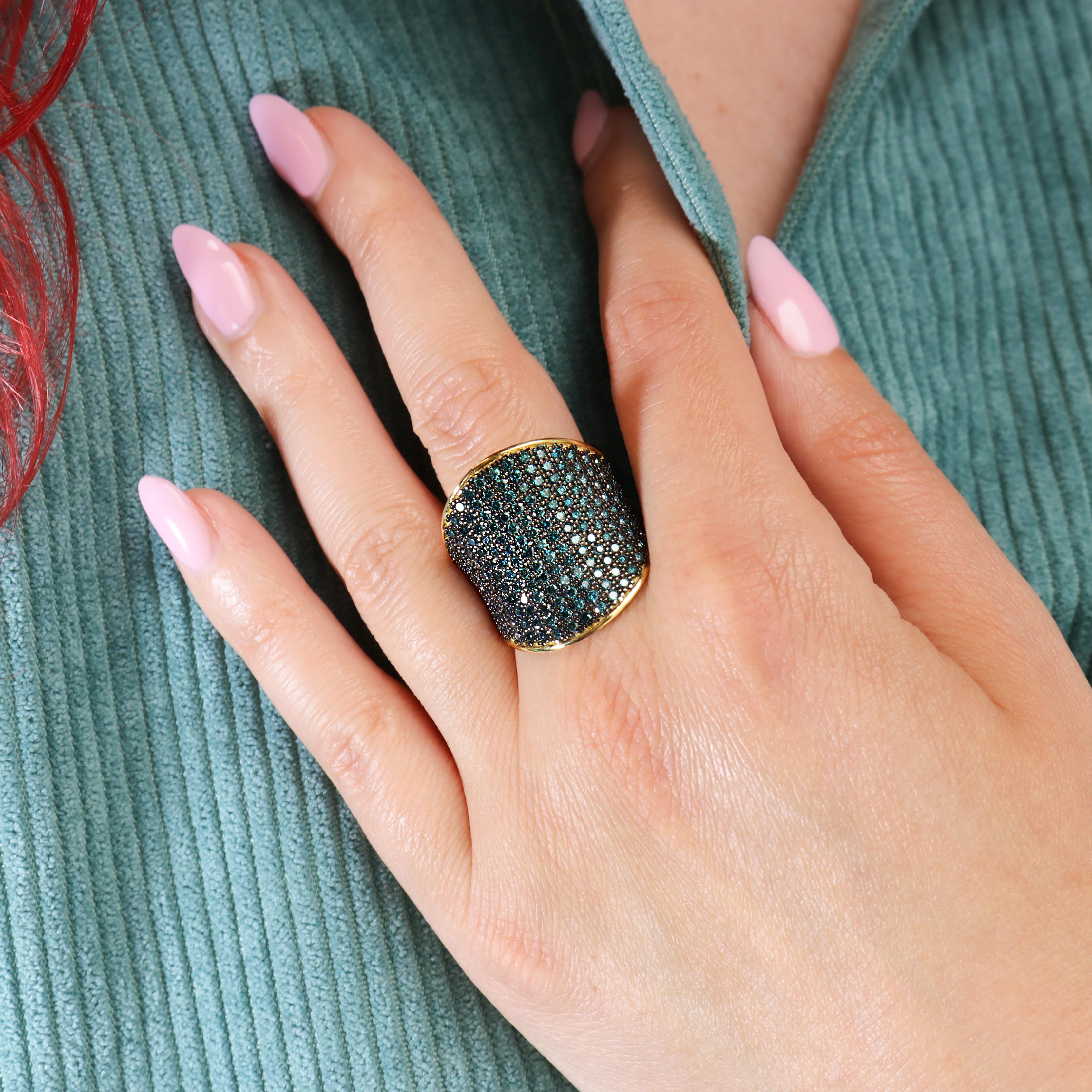 Georgios Collections 18 Karat Yellow Gold Pave Blue Diamonds Ring For Sale 7