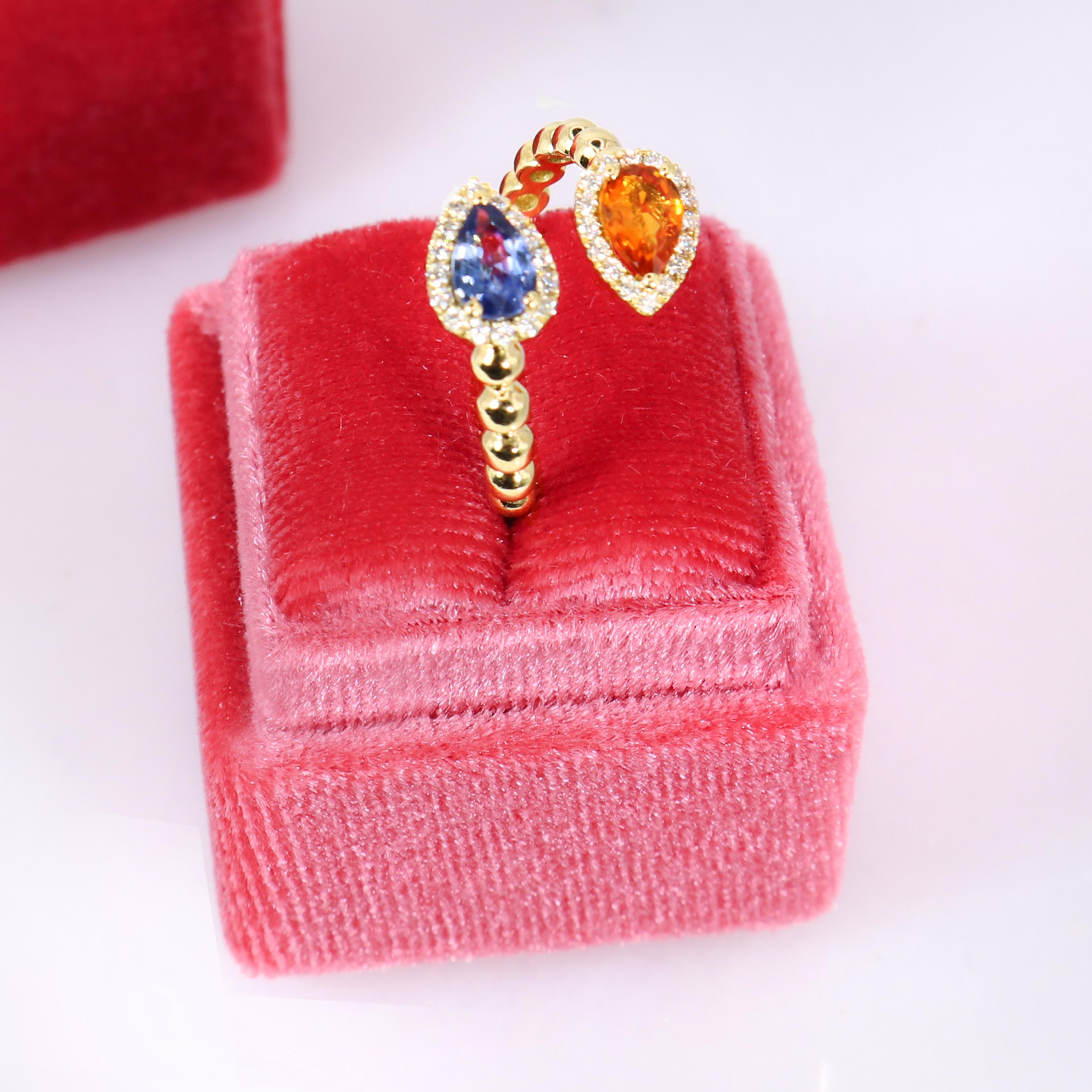 Women's Georgios Collections 18 Karat Yellow Gold Pear Orange and Blue Sapphire Ring For Sale