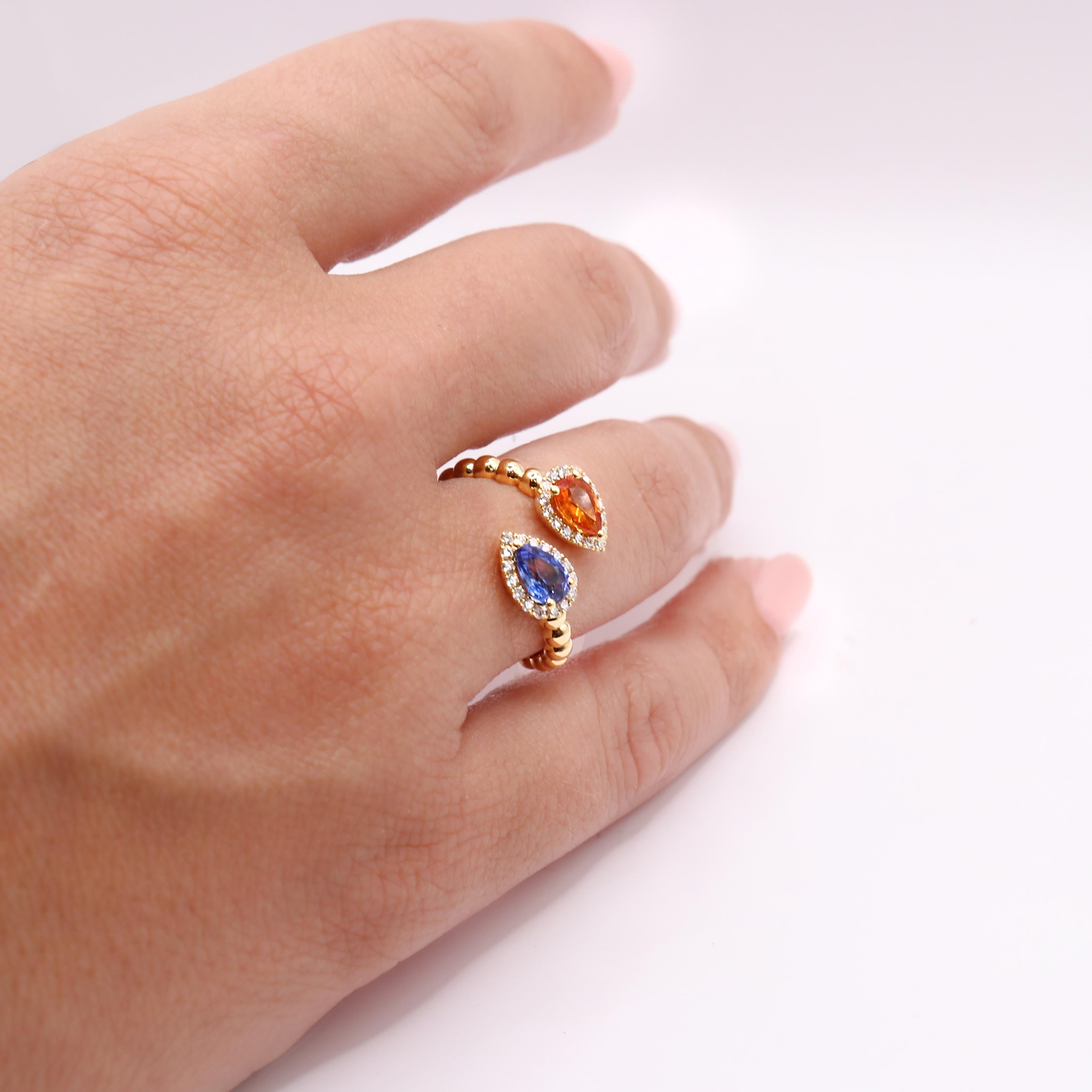 Georgios Collections 18 Karat Yellow Gold Pear Orange and Blue Sapphire Ring For Sale 2