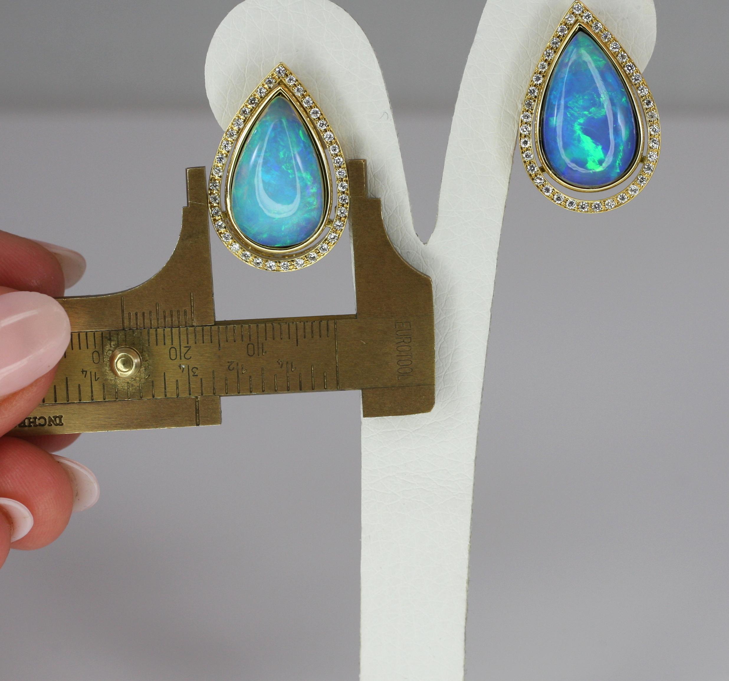 Pear Cut Georgios Collections 18 Karat Yellow Gold Pear Shape Opal and Diamond Earrings For Sale