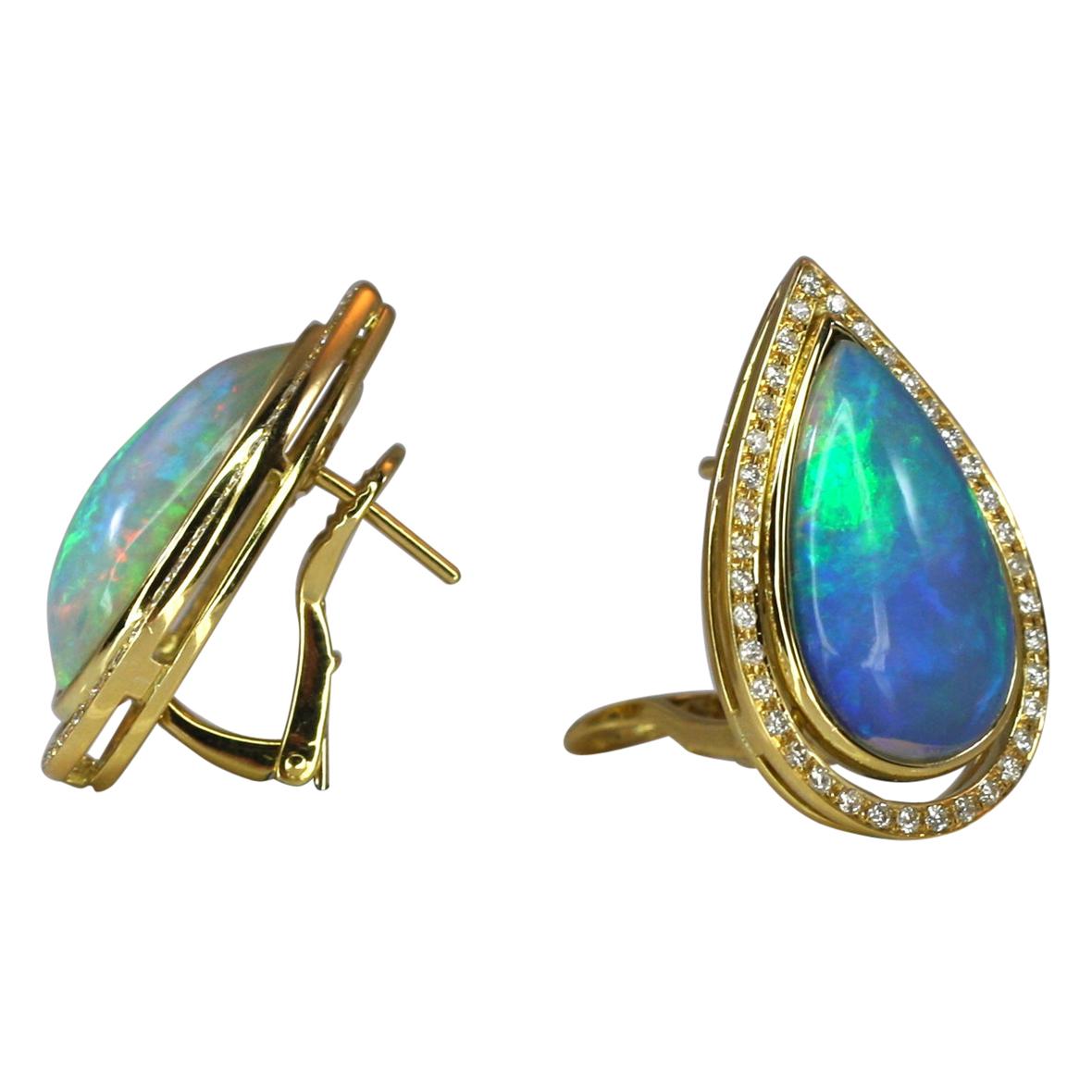 Georgios Collections 18 Karat Yellow Gold Pear Shape Opal and Diamond Earrings For Sale