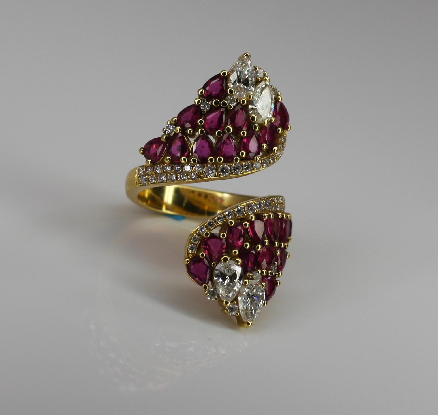 Contemporary Georgios Collections 18 Karat Yellow Gold Pear Shape Ruby and Diamond Wide Ring For Sale