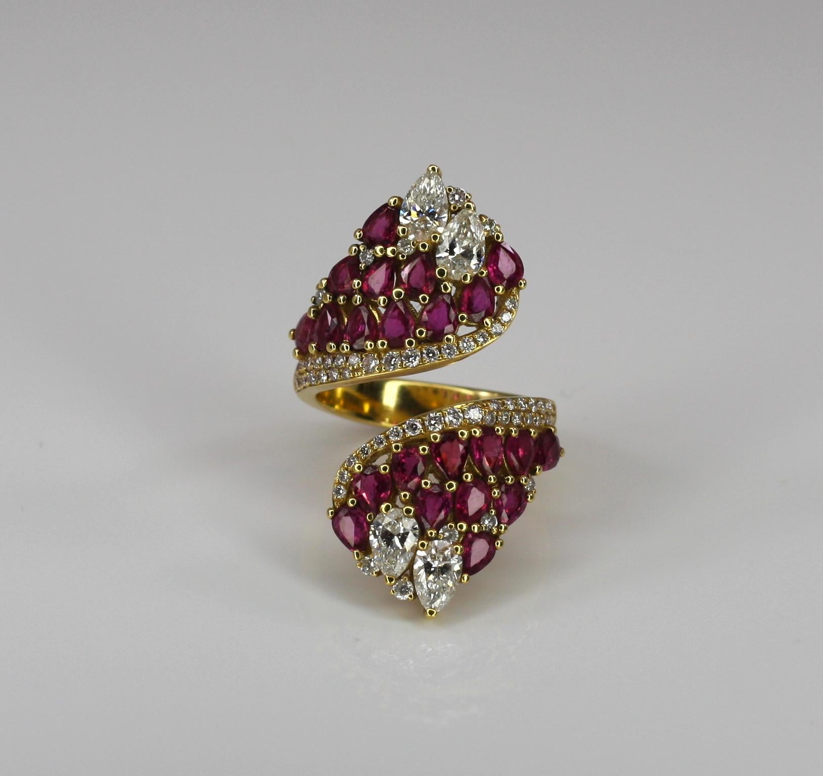 Georgios Collections 18 Karat Yellow Gold Pear Shape Ruby and Diamond Wide Ring For Sale 2