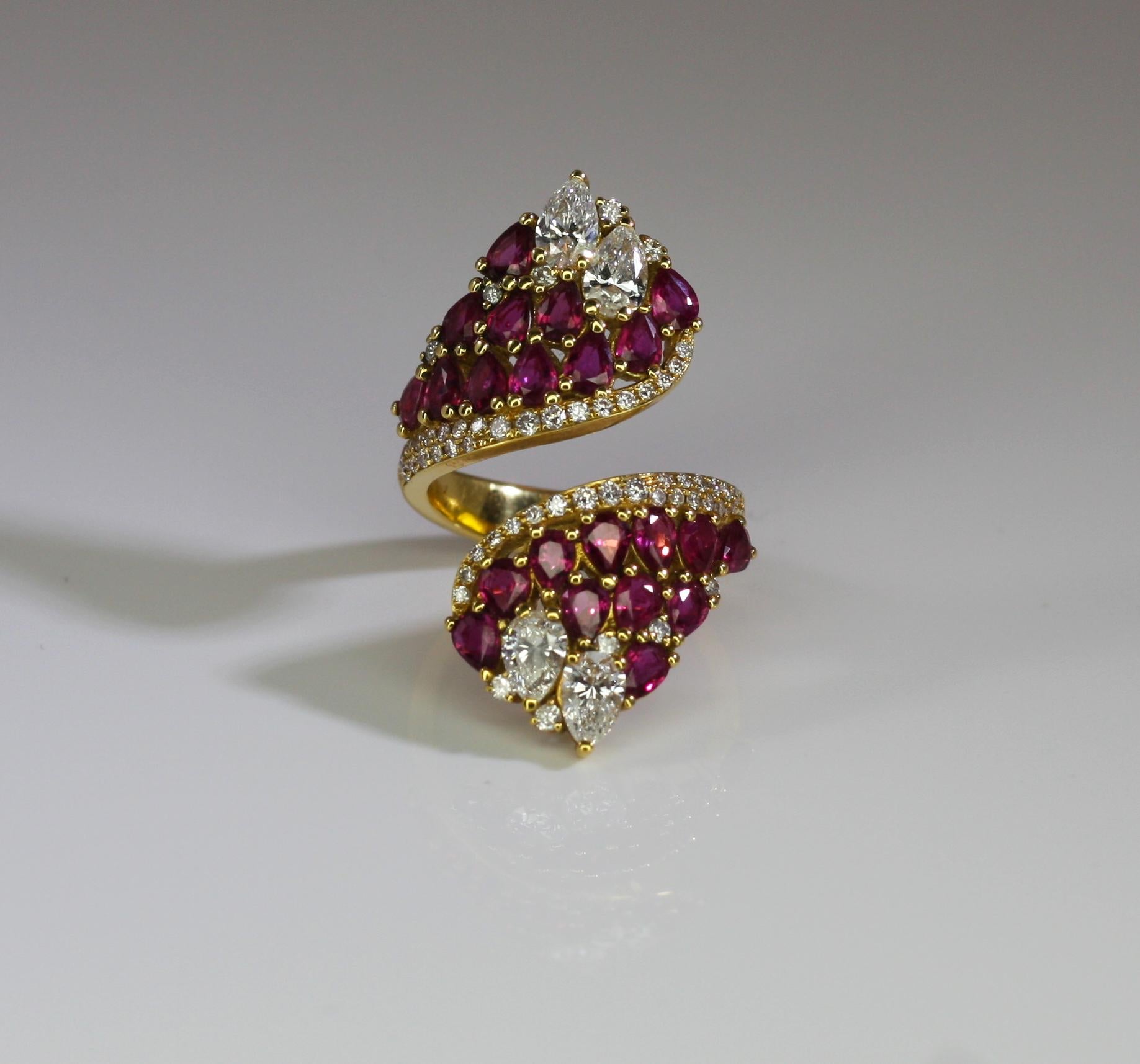 Georgios Collections 18 Karat Yellow Gold Pear Shape Ruby and Diamond Wide Ring For Sale 3