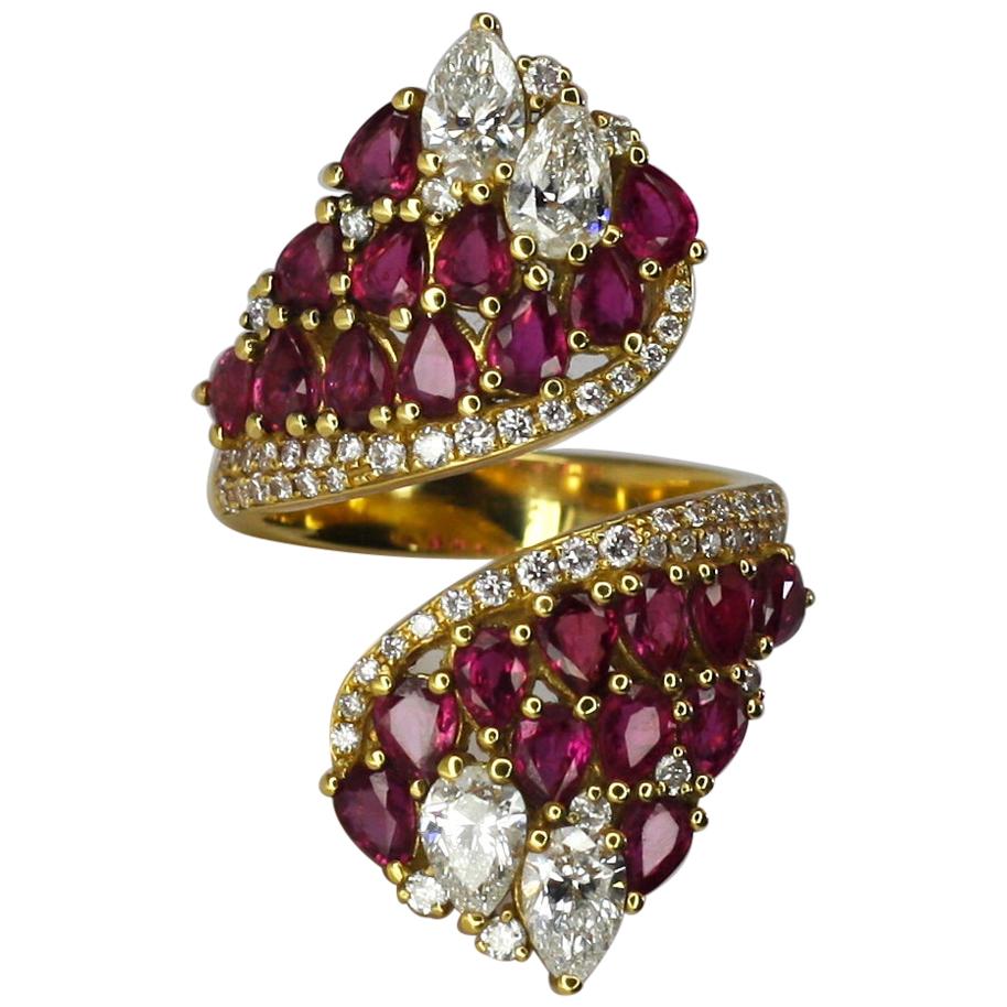 Georgios Collections 18 Karat Yellow Gold Pear Shape Ruby and Diamond Wide Ring For Sale