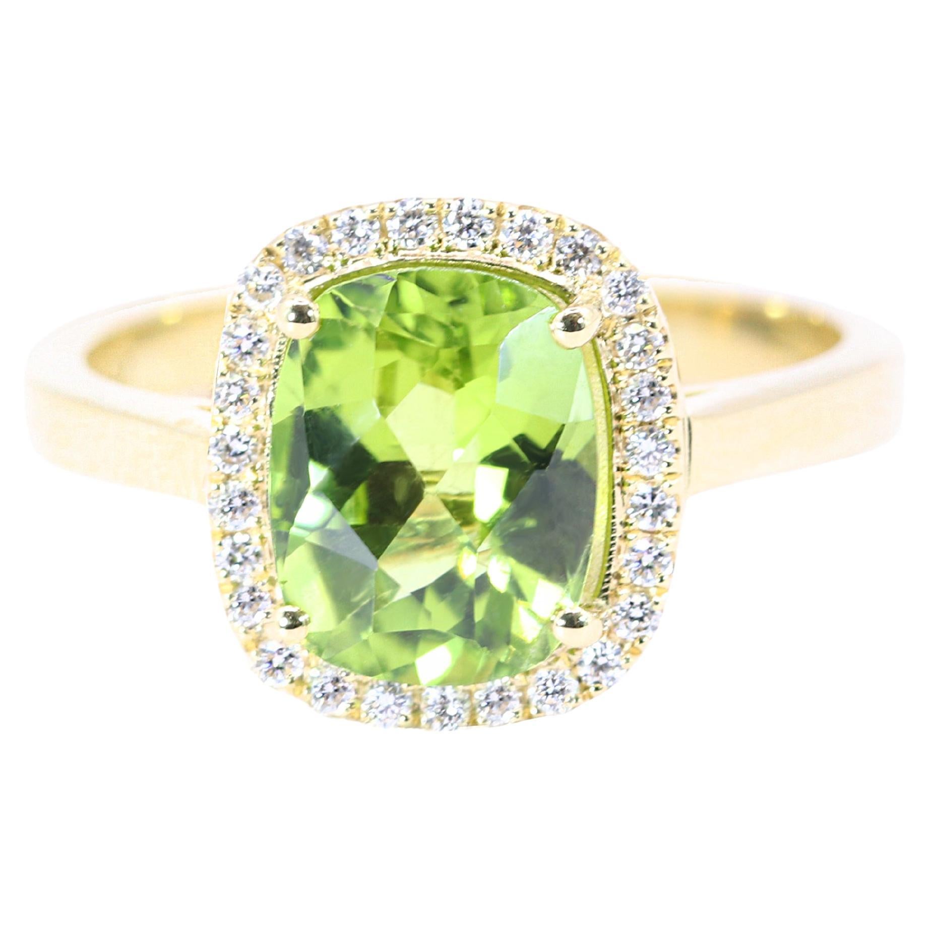 Georgios Collections 18 Karat Yellow Gold Peridot Ring with Diamond Bezel For Sale