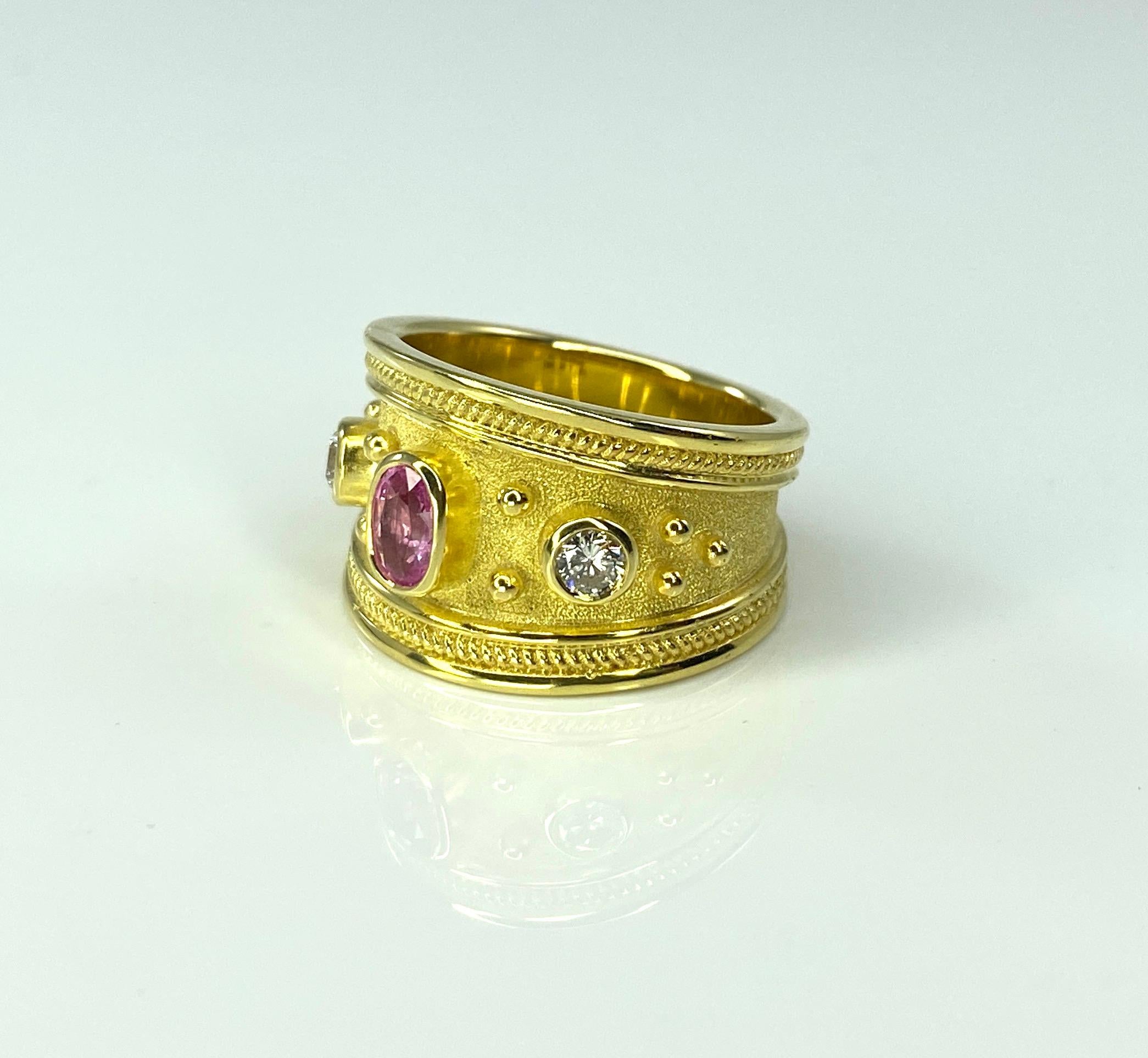 Byzantine Georgios Collections 18 Karat Yellow Gold Pink Tourmaline and Diamond Ring  For Sale