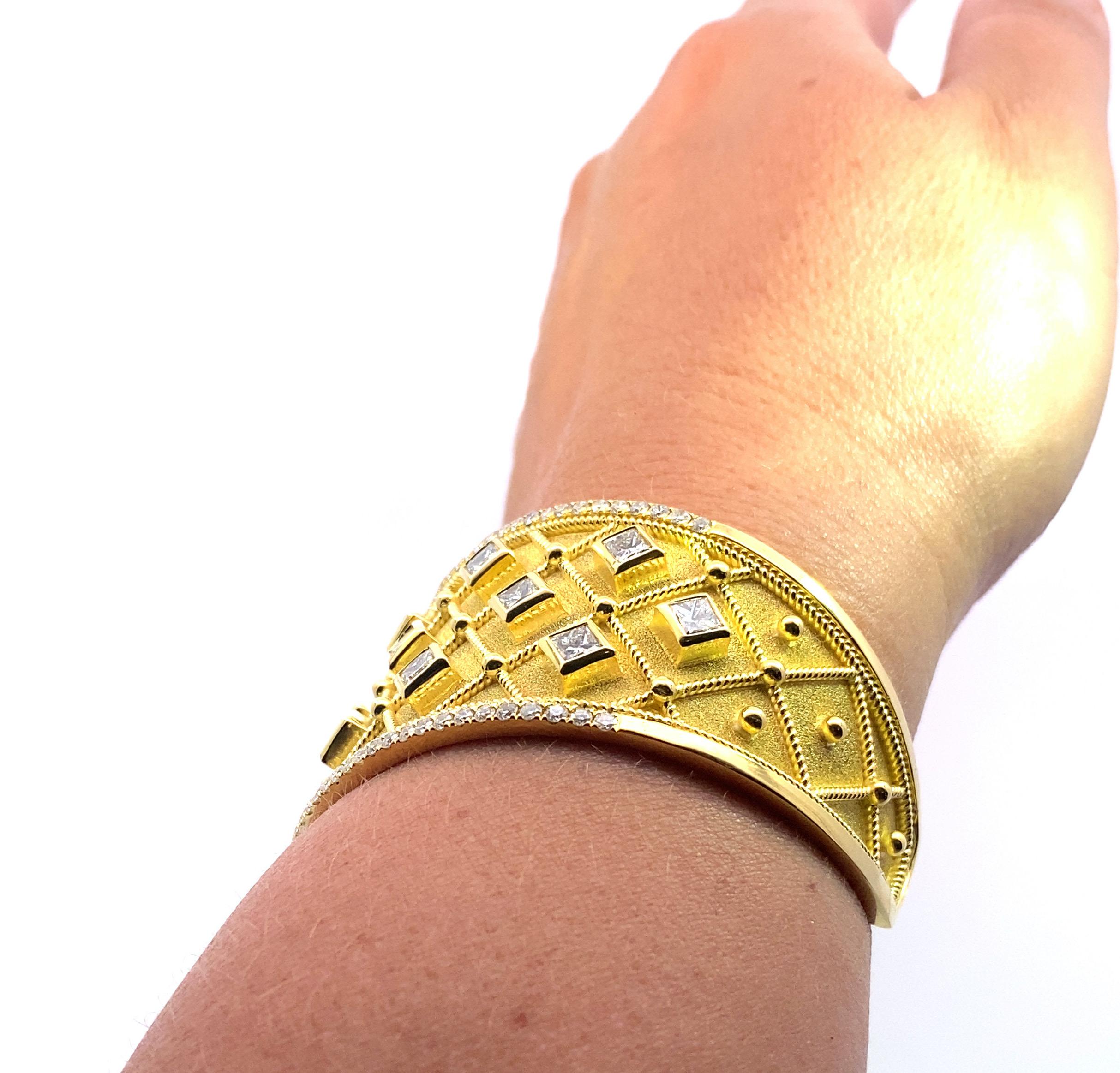 Georgios Collections 18 Karat Yellow Gold Princess Cut Diamond Cuff Bracelet For Sale 6