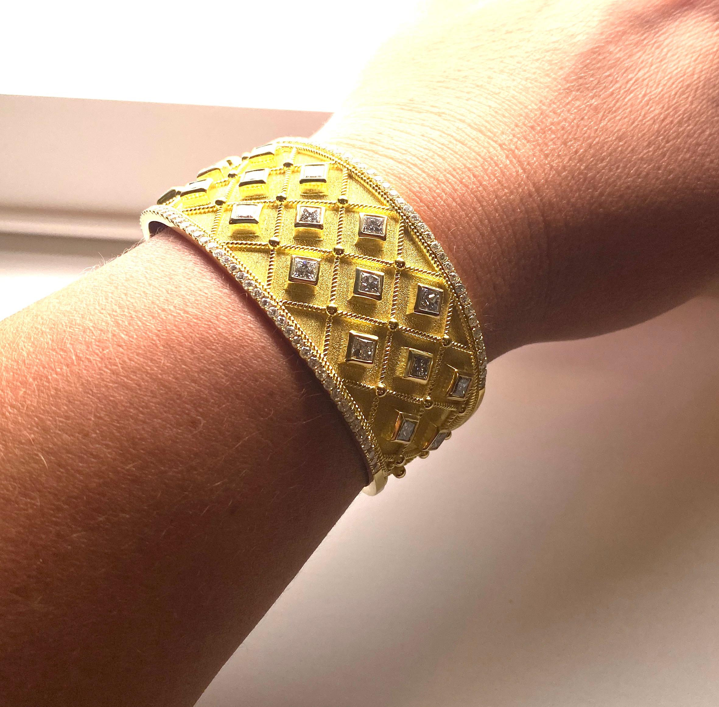 Georgios Collections 18 Karat Yellow Gold Princess Cut Diamond Cuff Bracelet For Sale 7