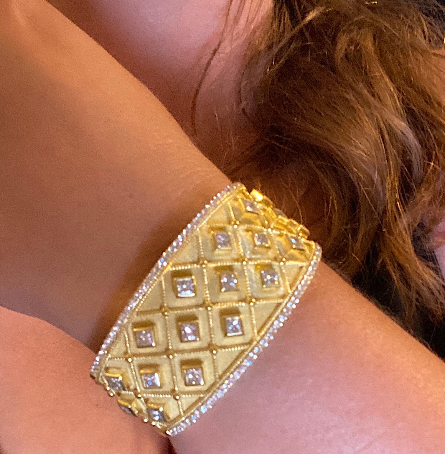 Georgios Collections 18 Karat Yellow Gold Princess Cut Diamond Cuff Bracelet For Sale 13