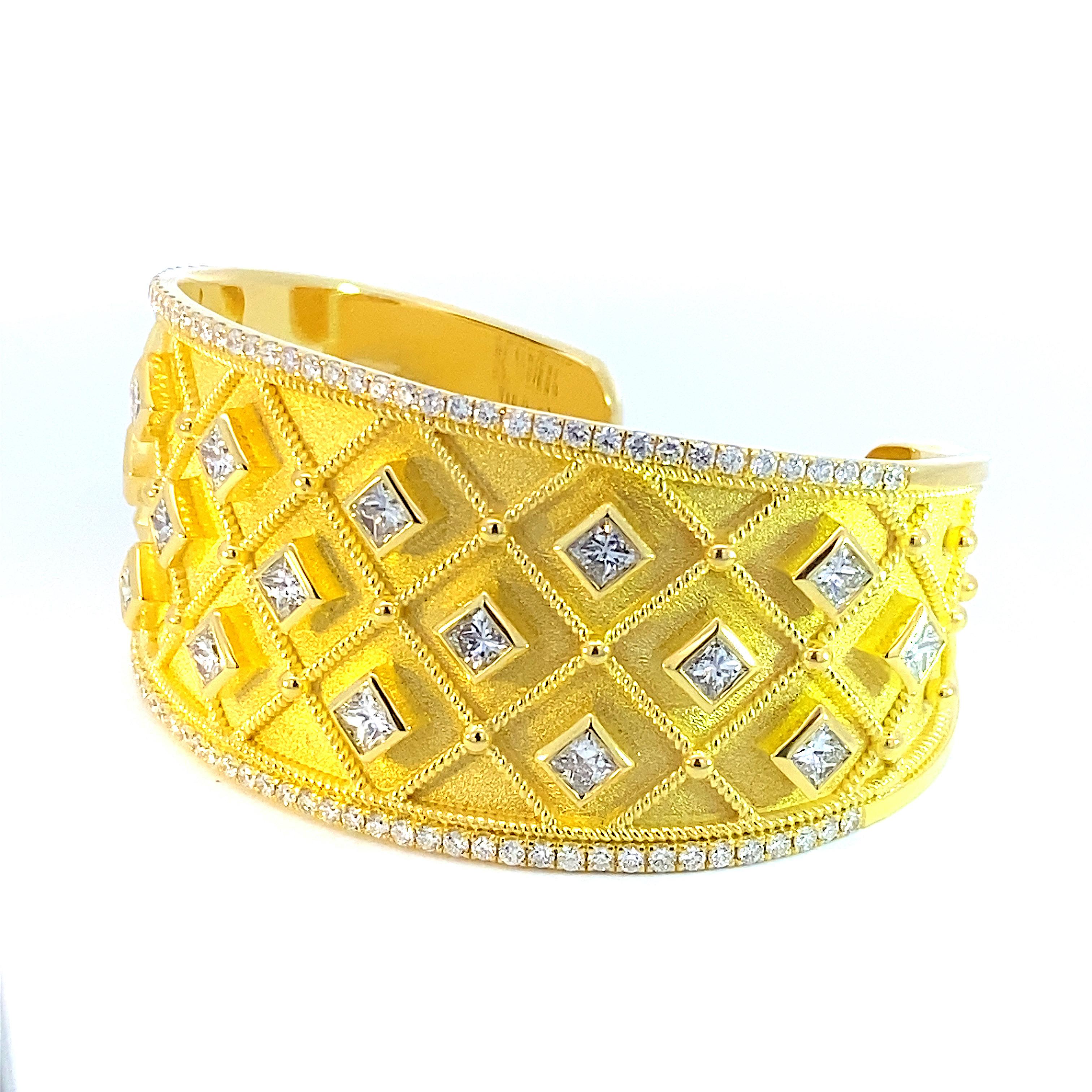 Georgios Collections 18 Karat Yellow Gold Princess Cut Diamond Cuff Bracelet For Sale 14