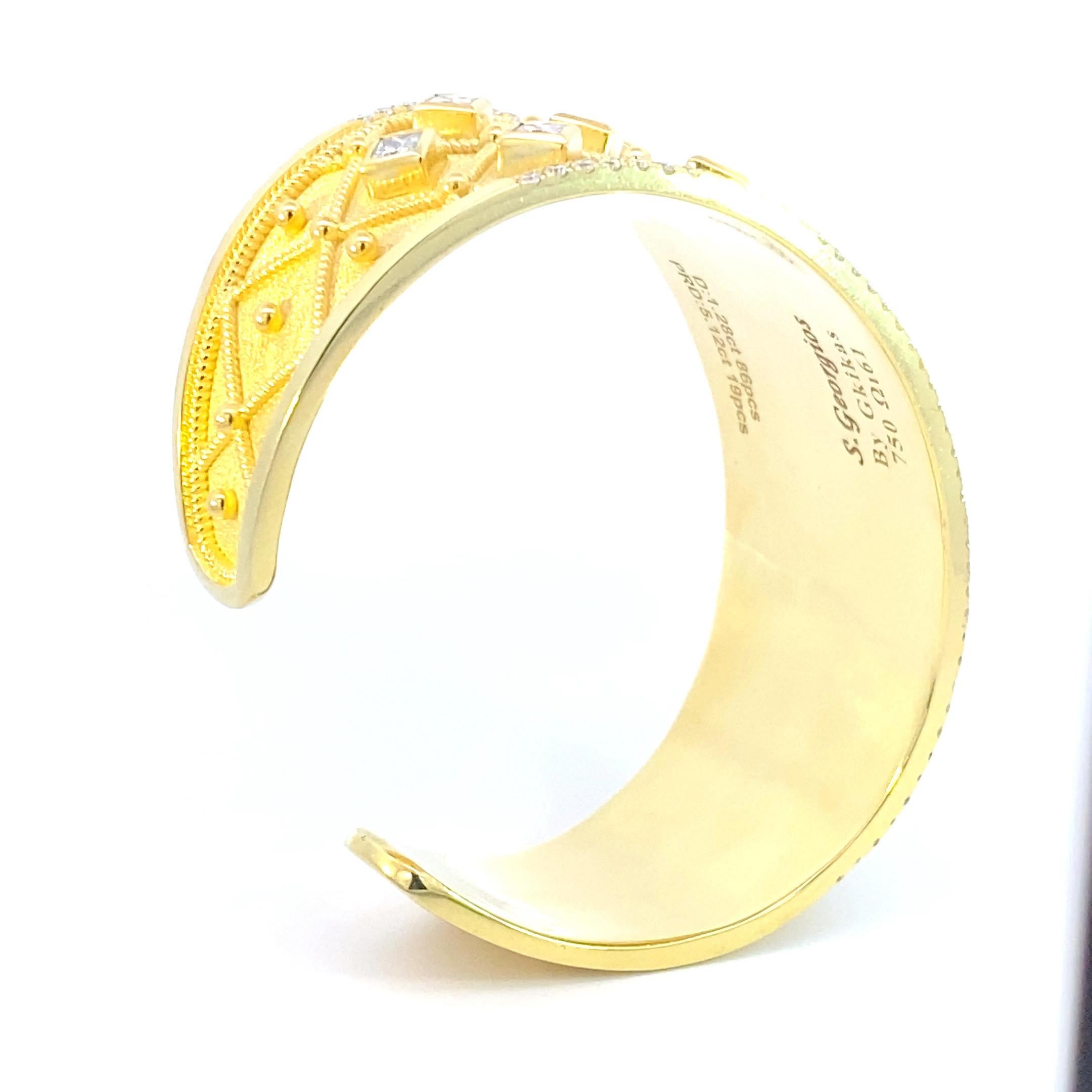 Byzantine Georgios Collections 18 Karat Yellow Gold Princess Cut Diamond Cuff Bracelet For Sale
