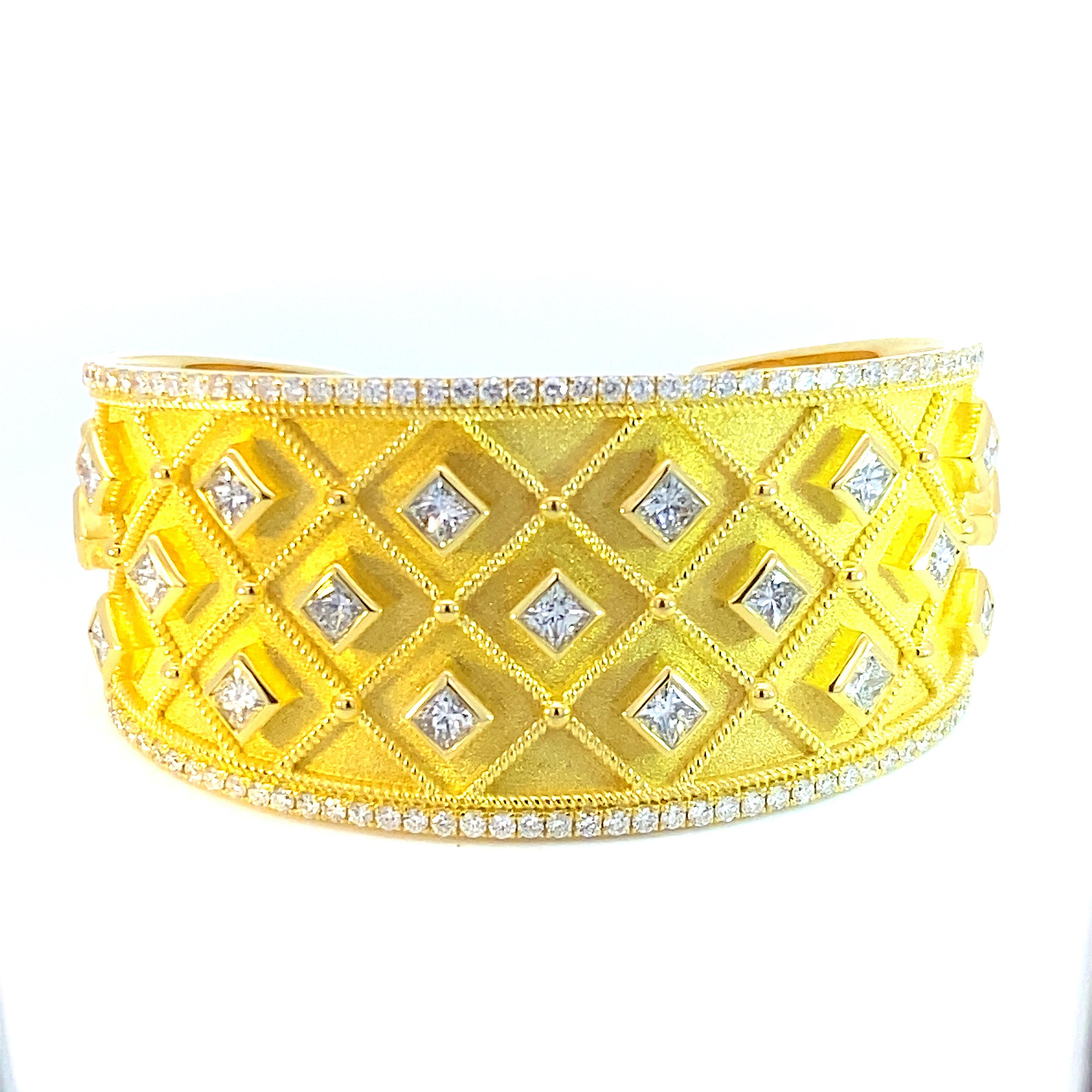 Georgios Collections 18 Karat Yellow Gold Princess Cut Diamond Cuff Bracelet In New Condition For Sale In Astoria, NY
