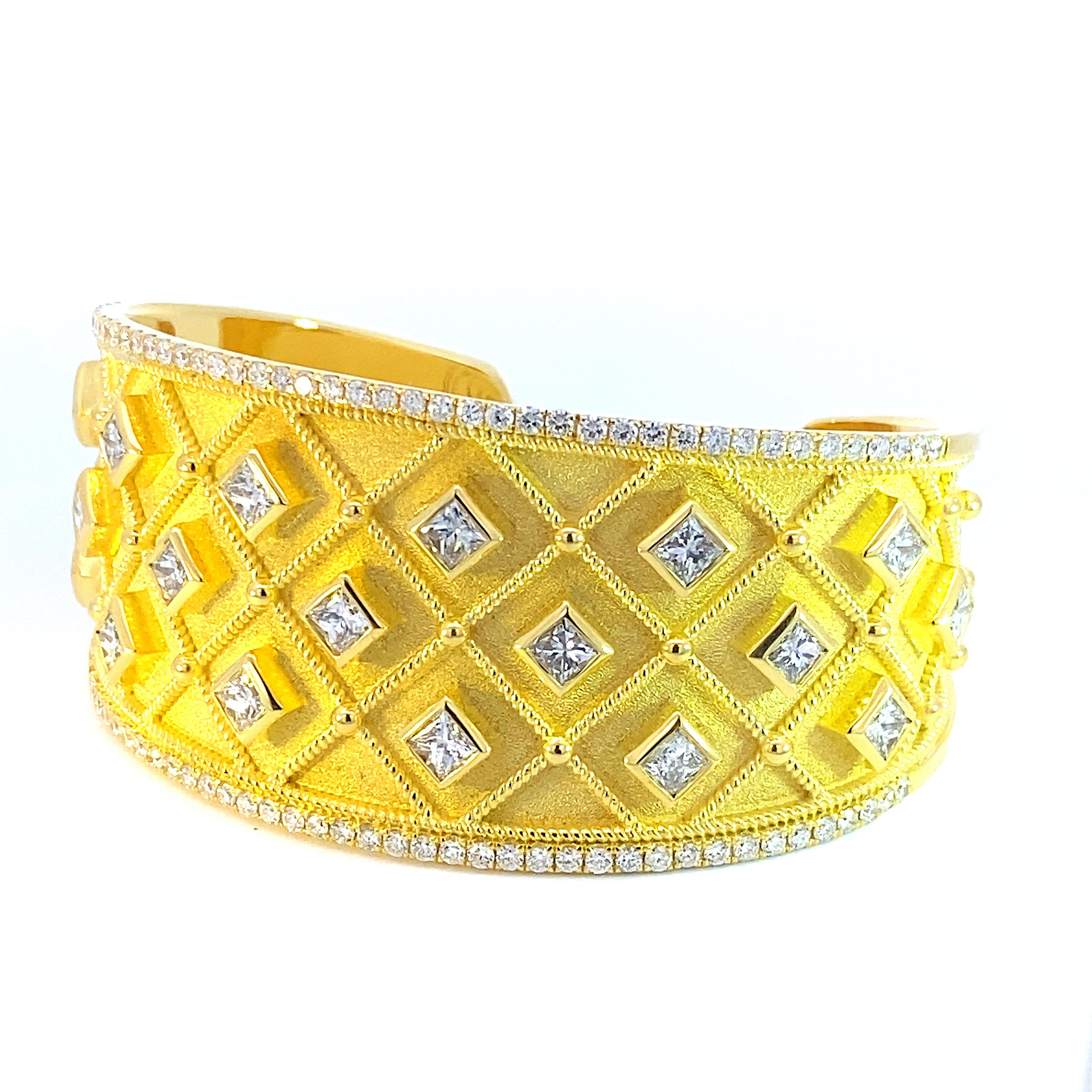 Women's or Men's Georgios Collections 18 Karat Yellow Gold Princess Cut Diamond Cuff Bracelet For Sale