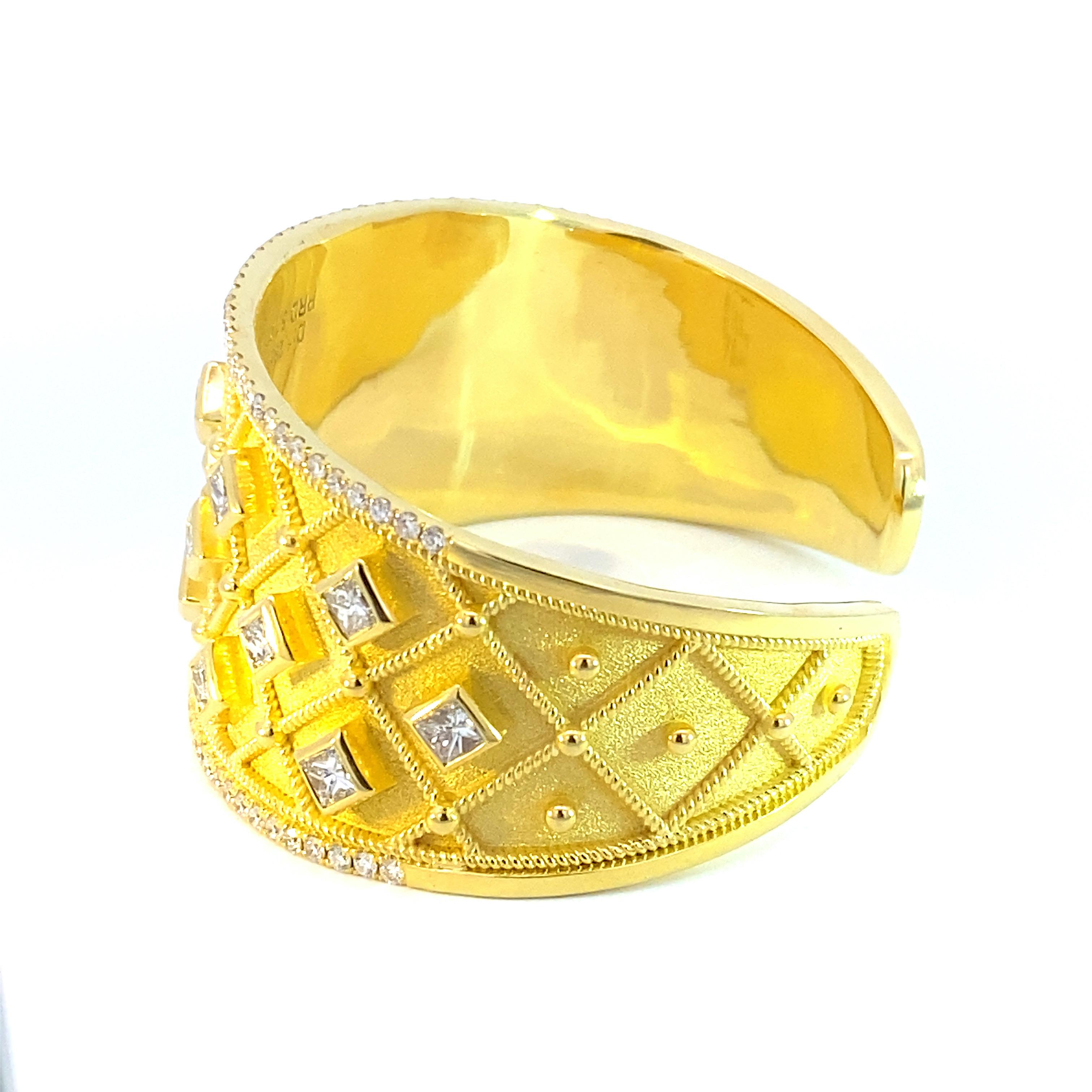 Georgios Collections 18 Karat Yellow Gold Princess Cut Diamond Cuff Bracelet For Sale 1