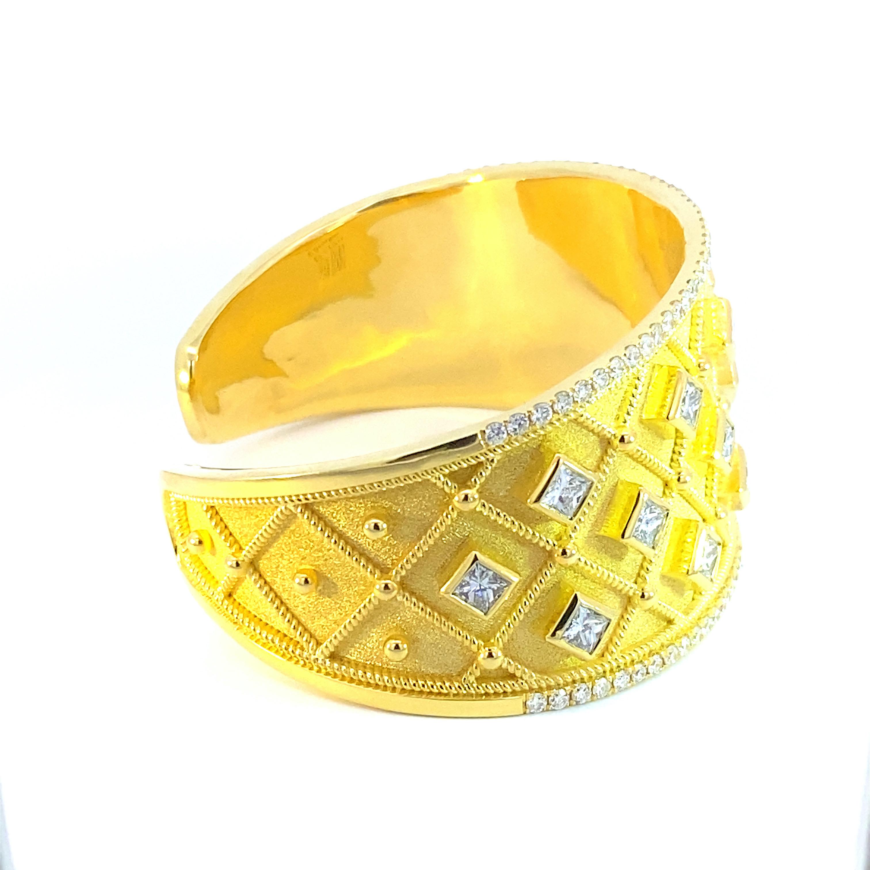 Georgios Collections 18 Karat Yellow Gold Princess Cut Diamond Cuff Bracelet For Sale 3