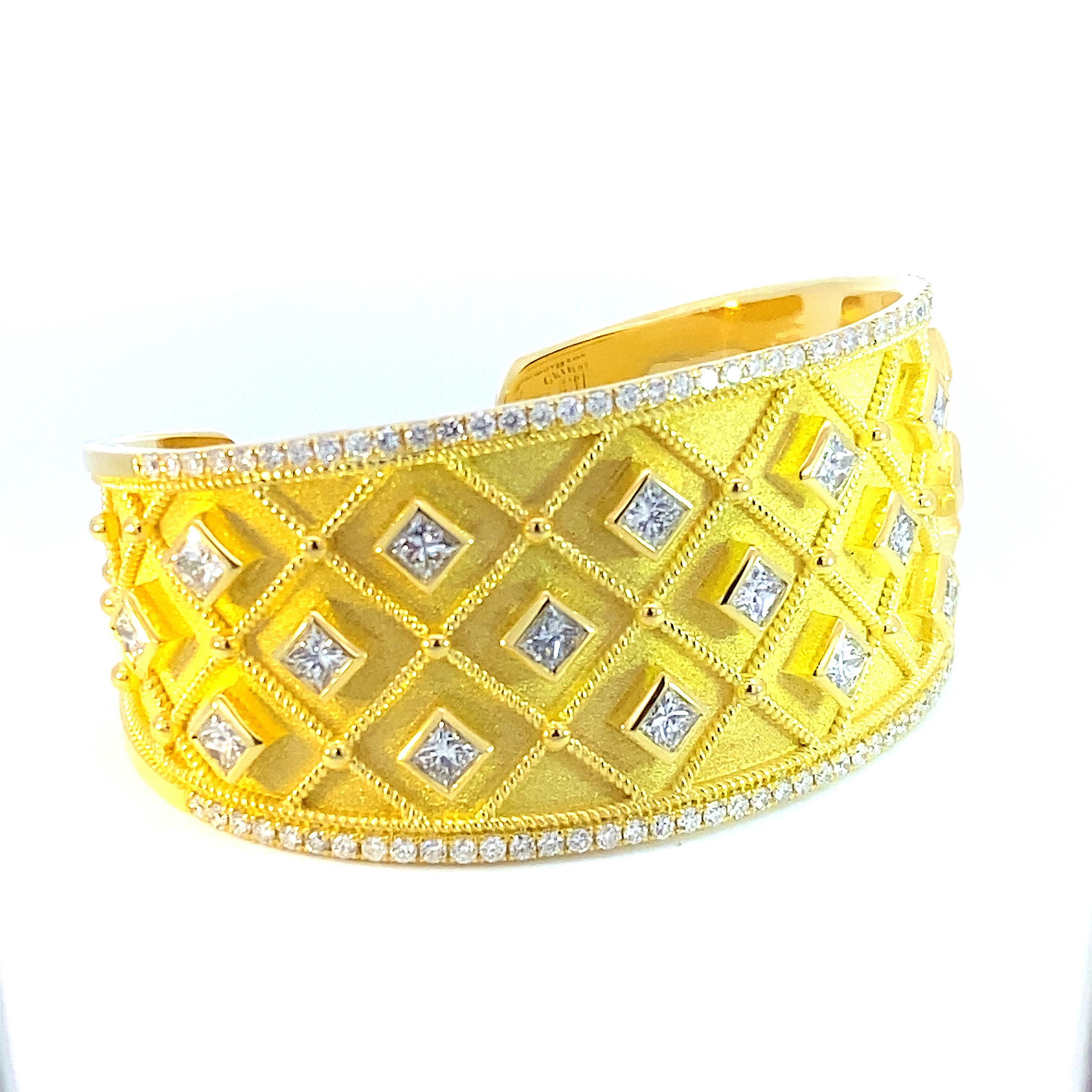 Georgios Collections 18 Karat Yellow Gold Princess Cut Diamond Cuff Bracelet For Sale 4