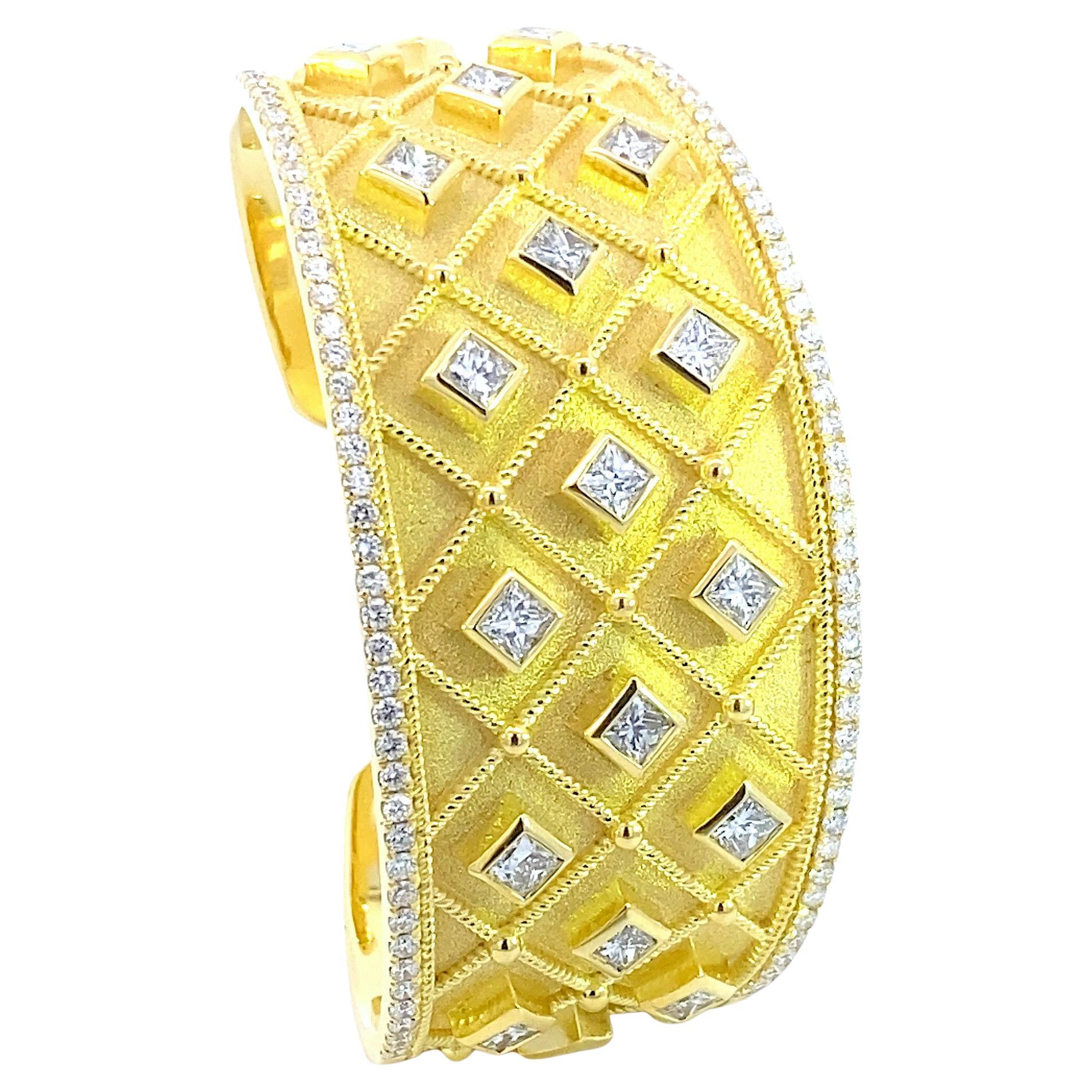 Georgios Collections 18 Karat Yellow Gold Princess Cut Diamond Cuff Bracelet For Sale