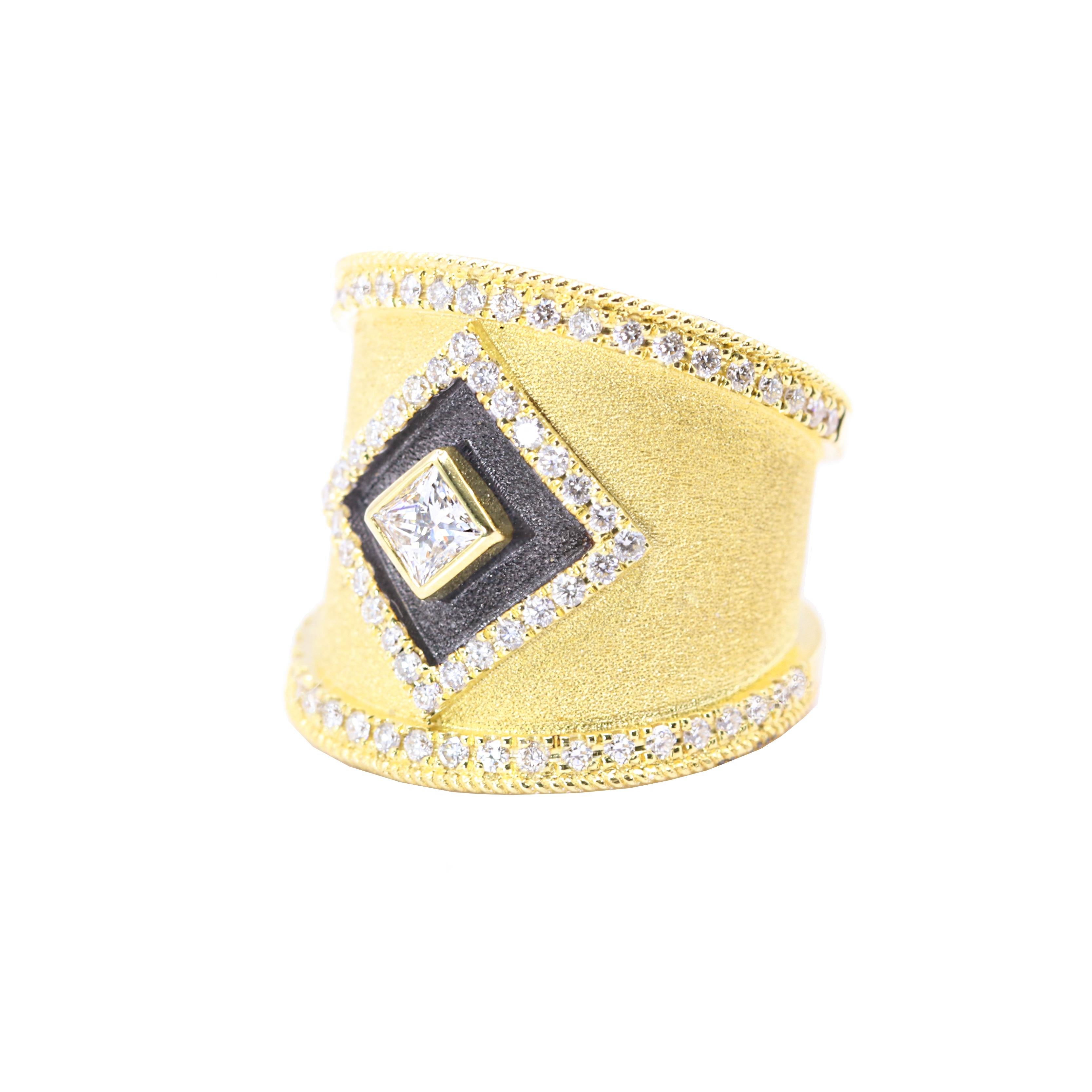 Georgios Collections 18 Karat Yellow Gold Princess Diamond Ring with Rhodium In New Condition For Sale In Astoria, NY