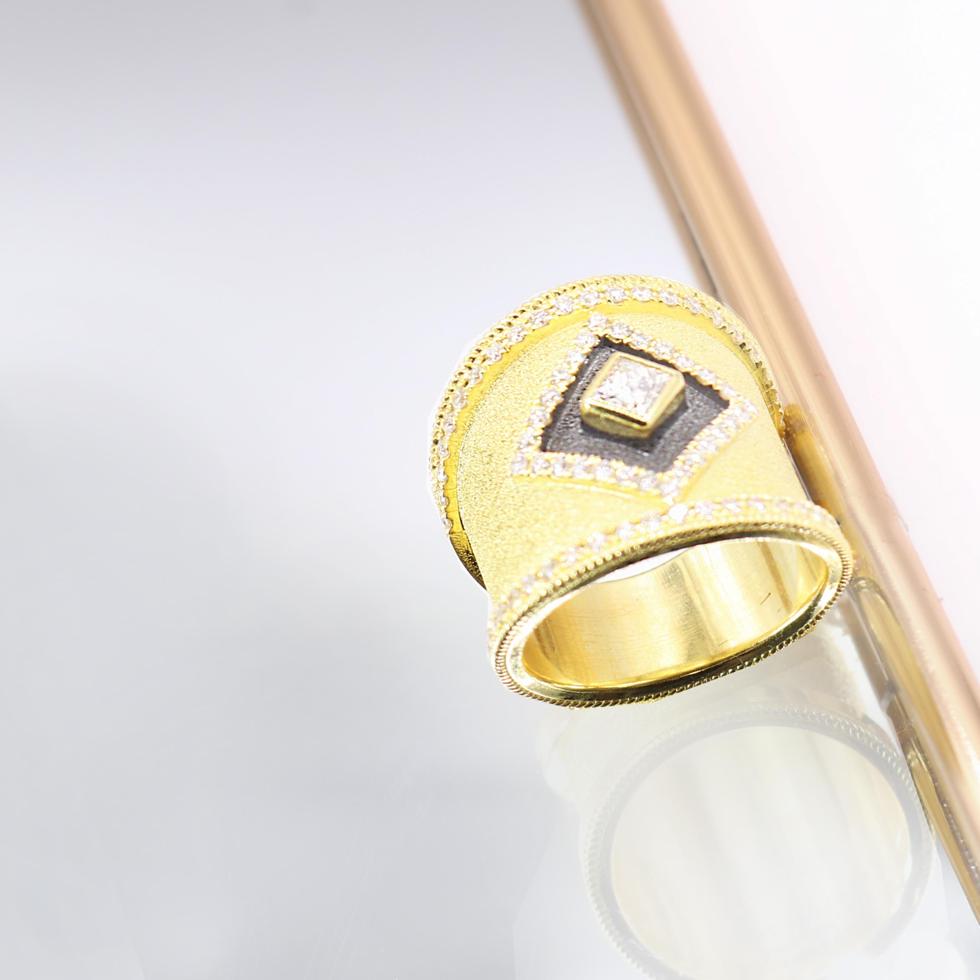 Women's or Men's Georgios Collections 18 Karat Yellow Gold Princess Diamond Ring with Rhodium For Sale