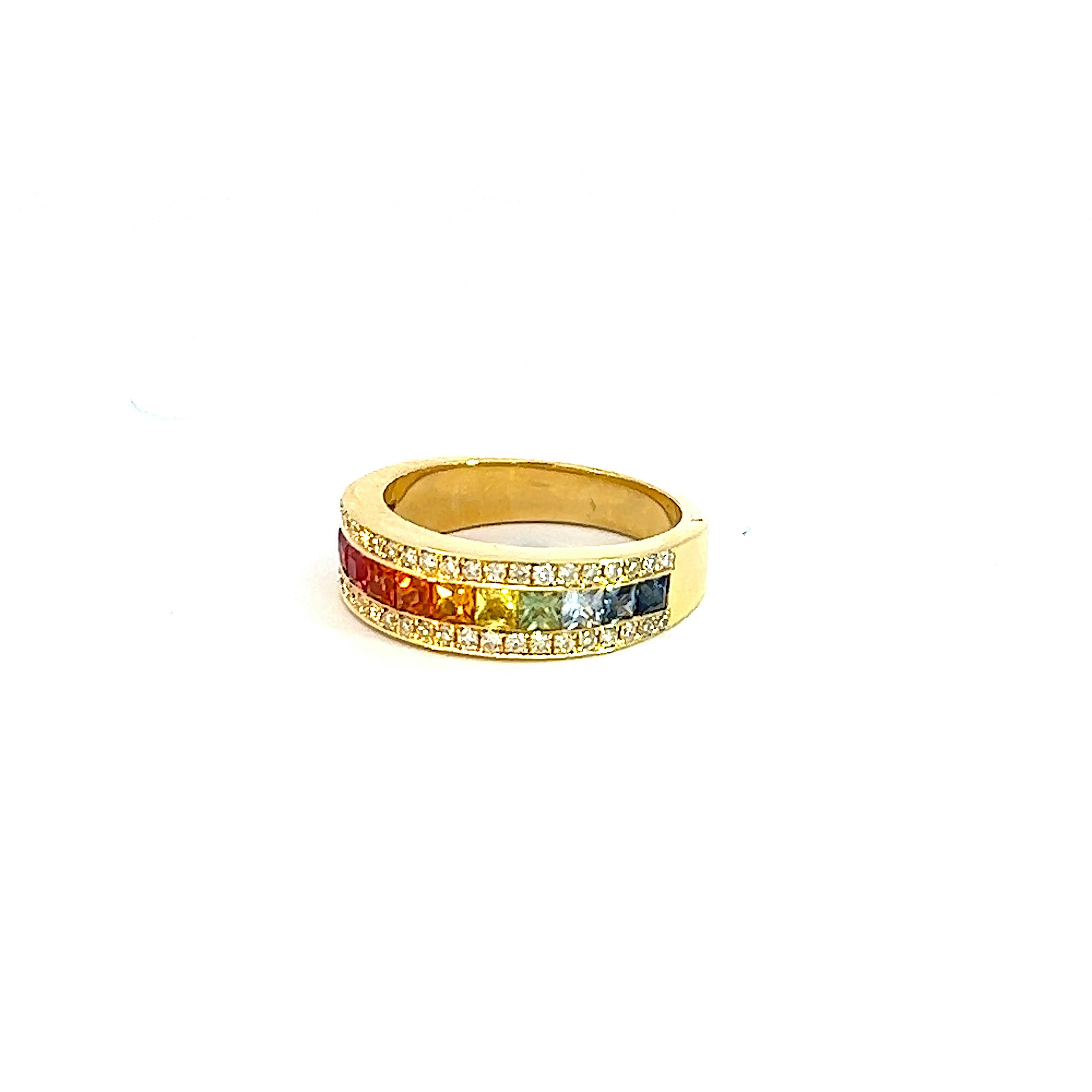 Georgios Kollektionen 18 Karat Gelbgold Regenbogen-Saphir und Diamant-Ring (Carréschliff) im Angebot