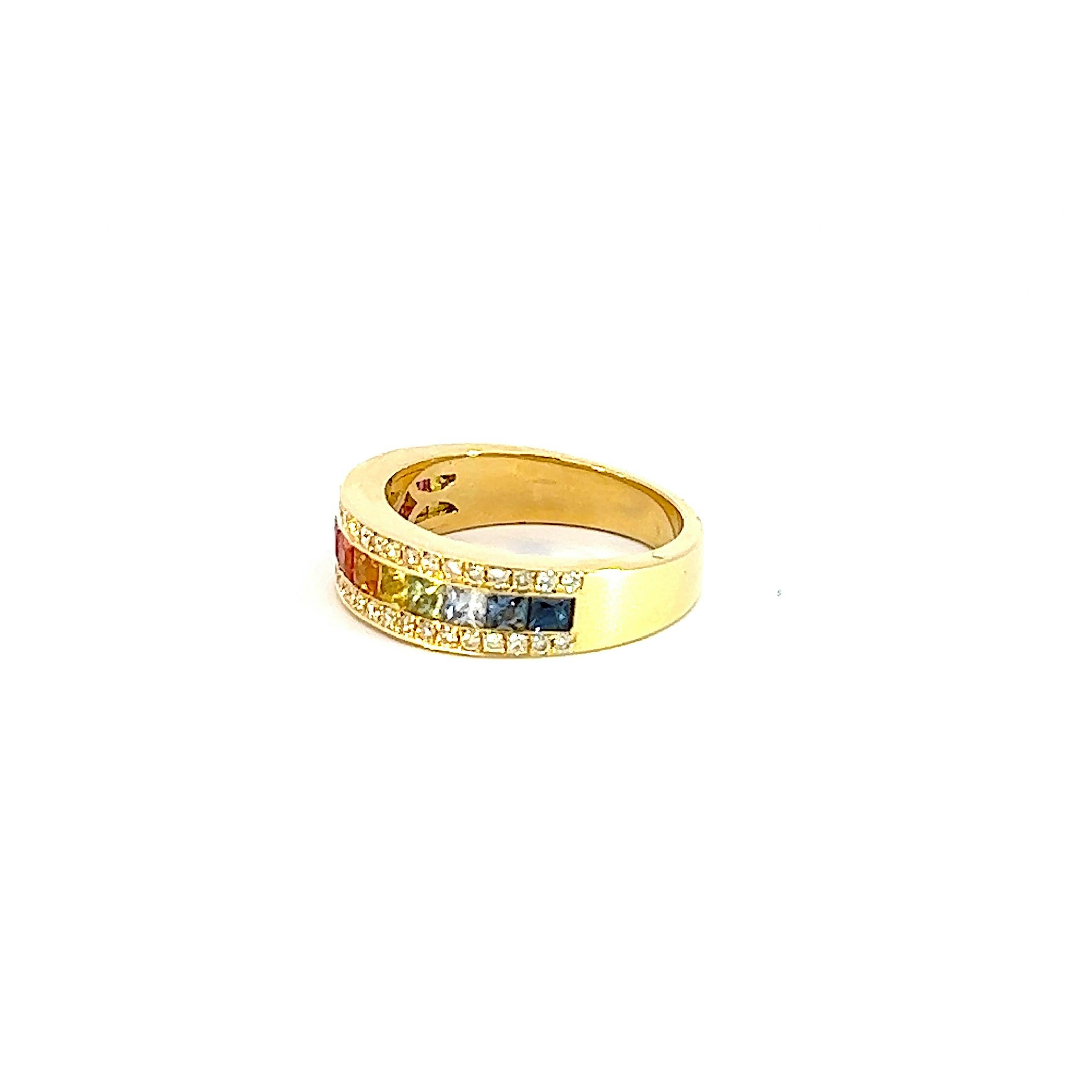 Georgios Collections 18 Karat Yellow Gold Rainbow Sapphire and Diamond Band Ring In New Condition For Sale In Astoria, NY