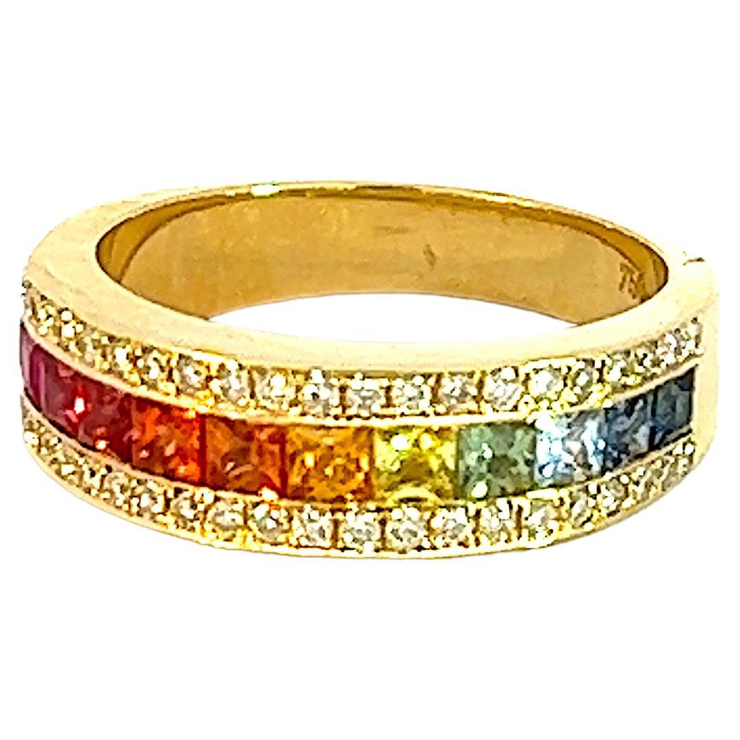 Georgios Collections 18 Karat Yellow Gold Rainbow Sapphire and Diamond Band Ring For Sale
