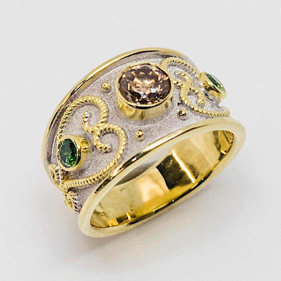 Byzantine Georgios Collections 18 Karat Yellow Gold Rhodium Brown and Green Diamond Ring For Sale