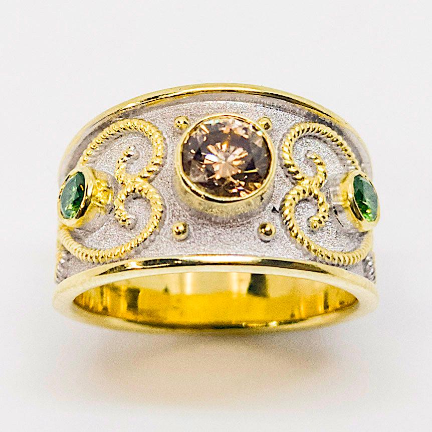 Round Cut Georgios Collections 18 Karat Yellow Gold Rhodium Brown and Green Diamond Ring For Sale