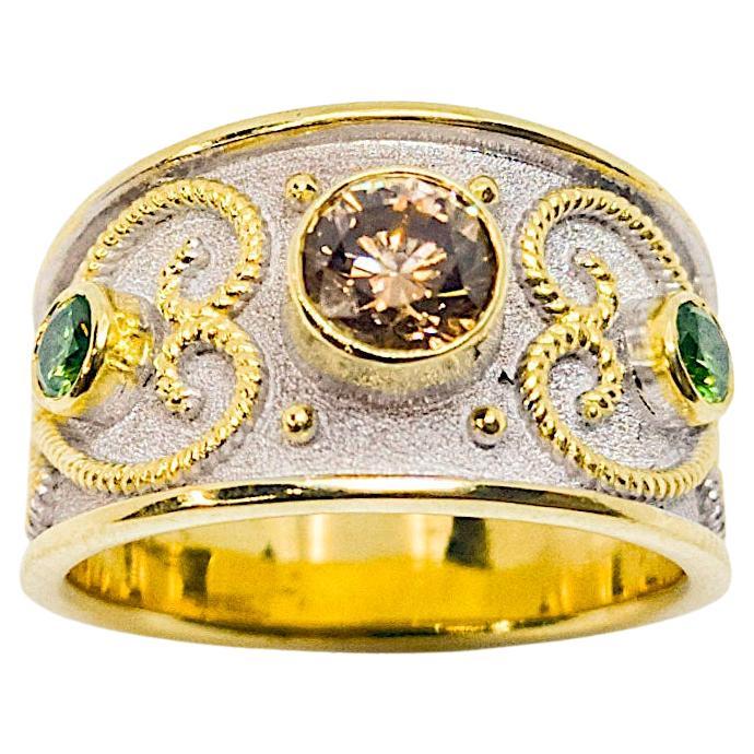 Georgios Collections 18 Karat Yellow Gold Rhodium Brown and Green Diamond Ring For Sale