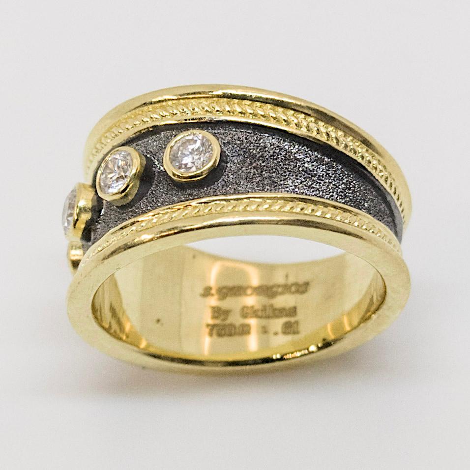 Round Cut Georgios Collections 18 Karat Yellow Gold Rhodium Diamond Byzantine Style Ring For Sale
