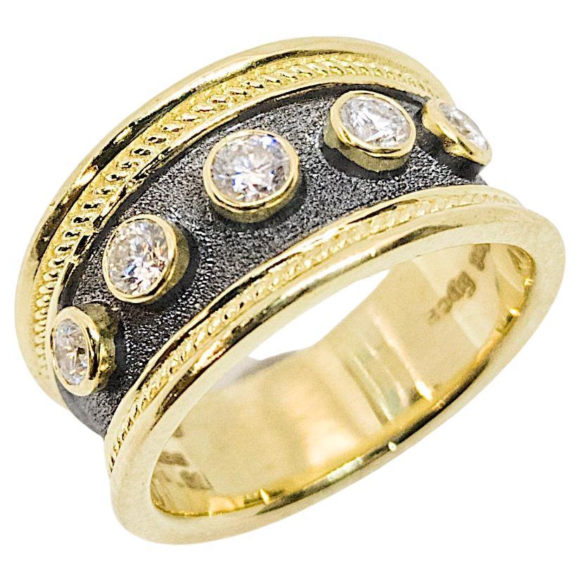 Georgios Collections 18 Karat Yellow Gold Rhodium Diamond Byzantine Style Ring For Sale