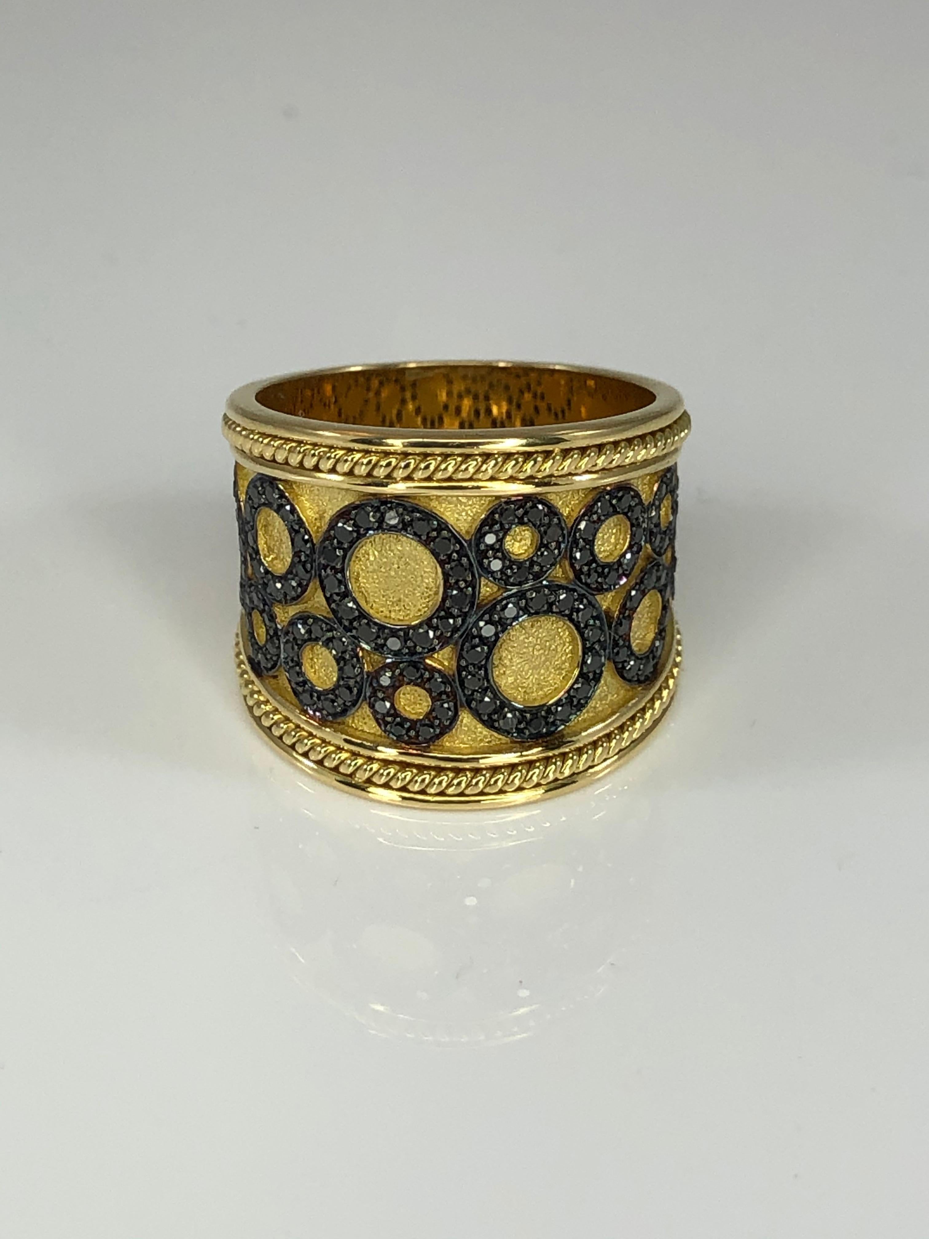 Round Cut Georgios Collections 18 Karat Yellow Gold Ring with Black Diamond Circles For Sale